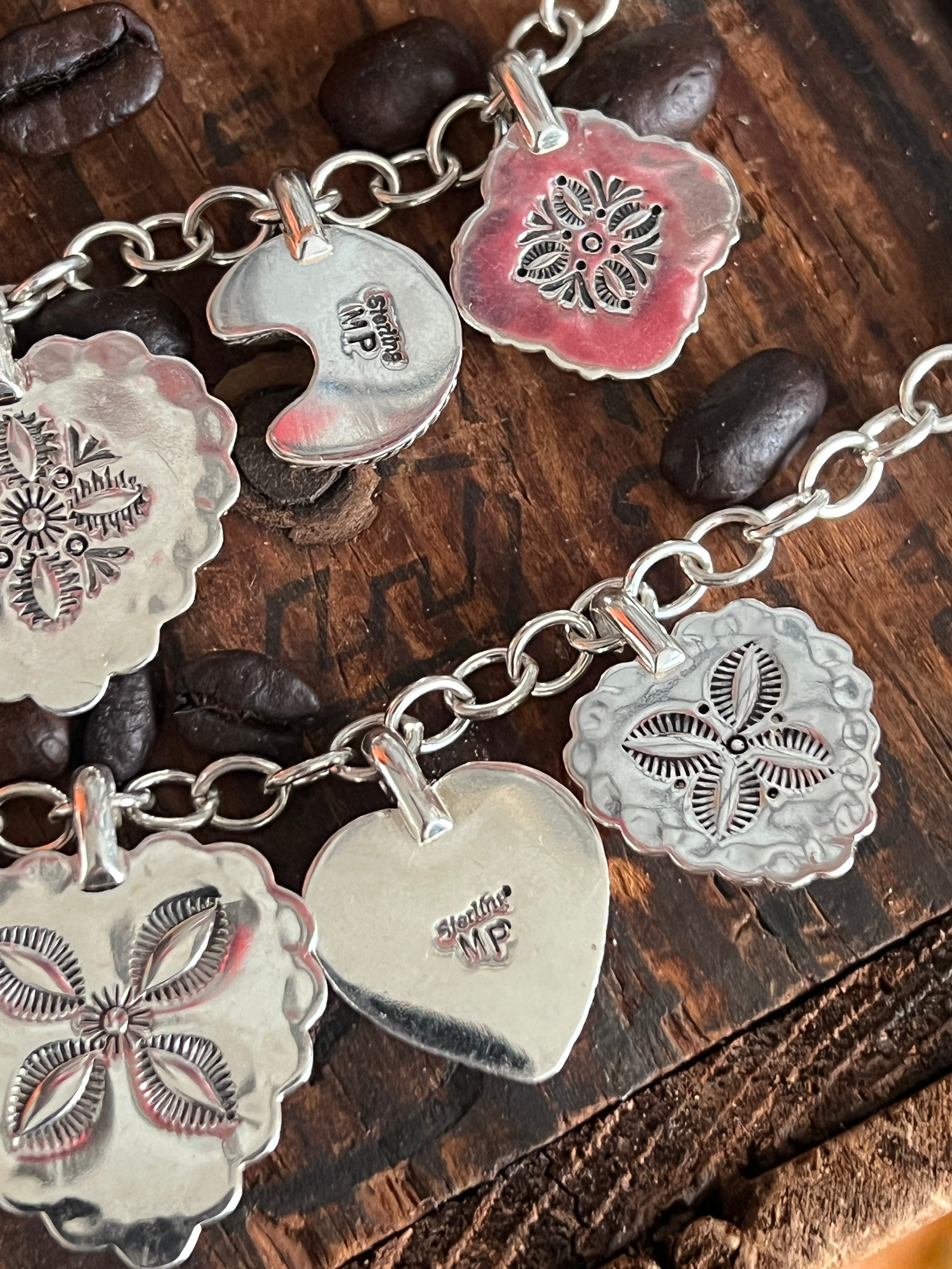 Murphy Platero Handcrafted Sterling Silver, Turquoise and Spiny Oyster Heart Charm Bracelets