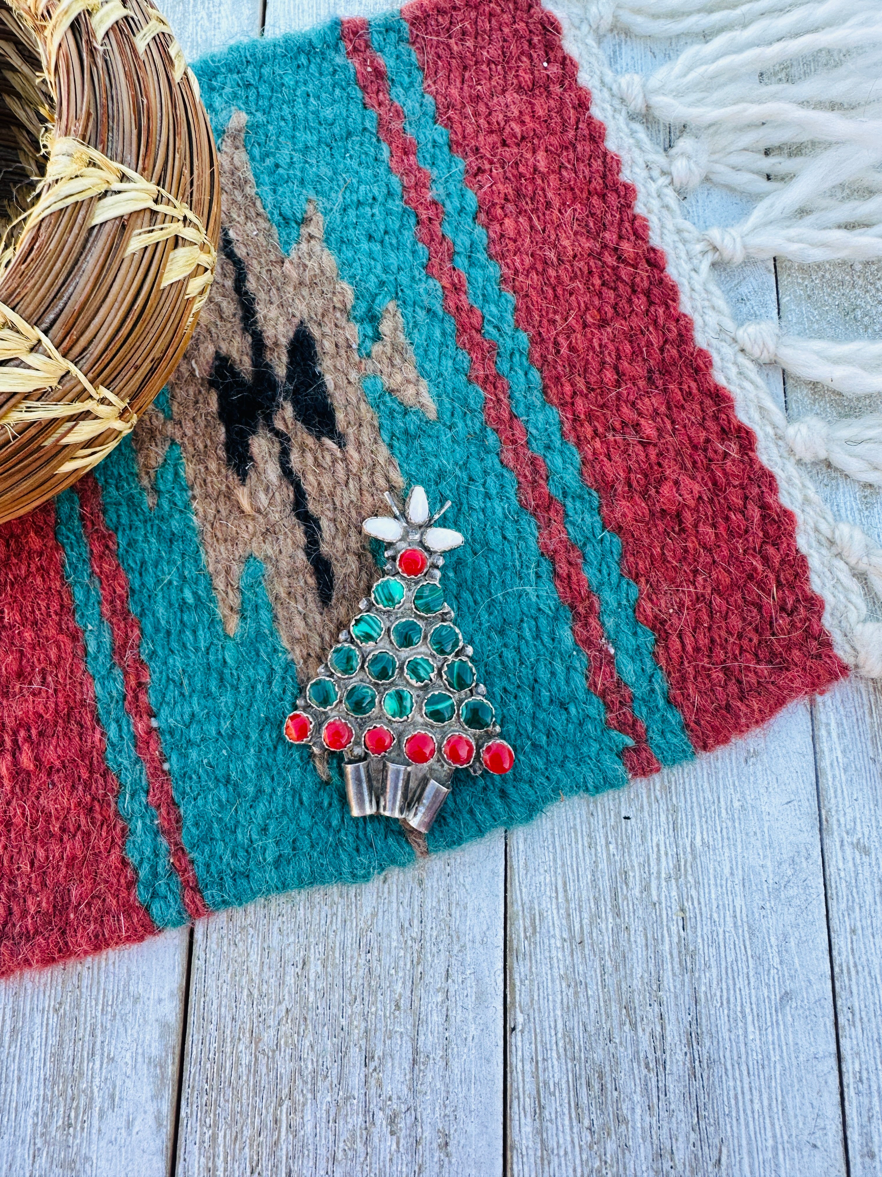 Handcrafted Old Pawn Sterling Silver & Multi Stone Christmas Tree Brooch