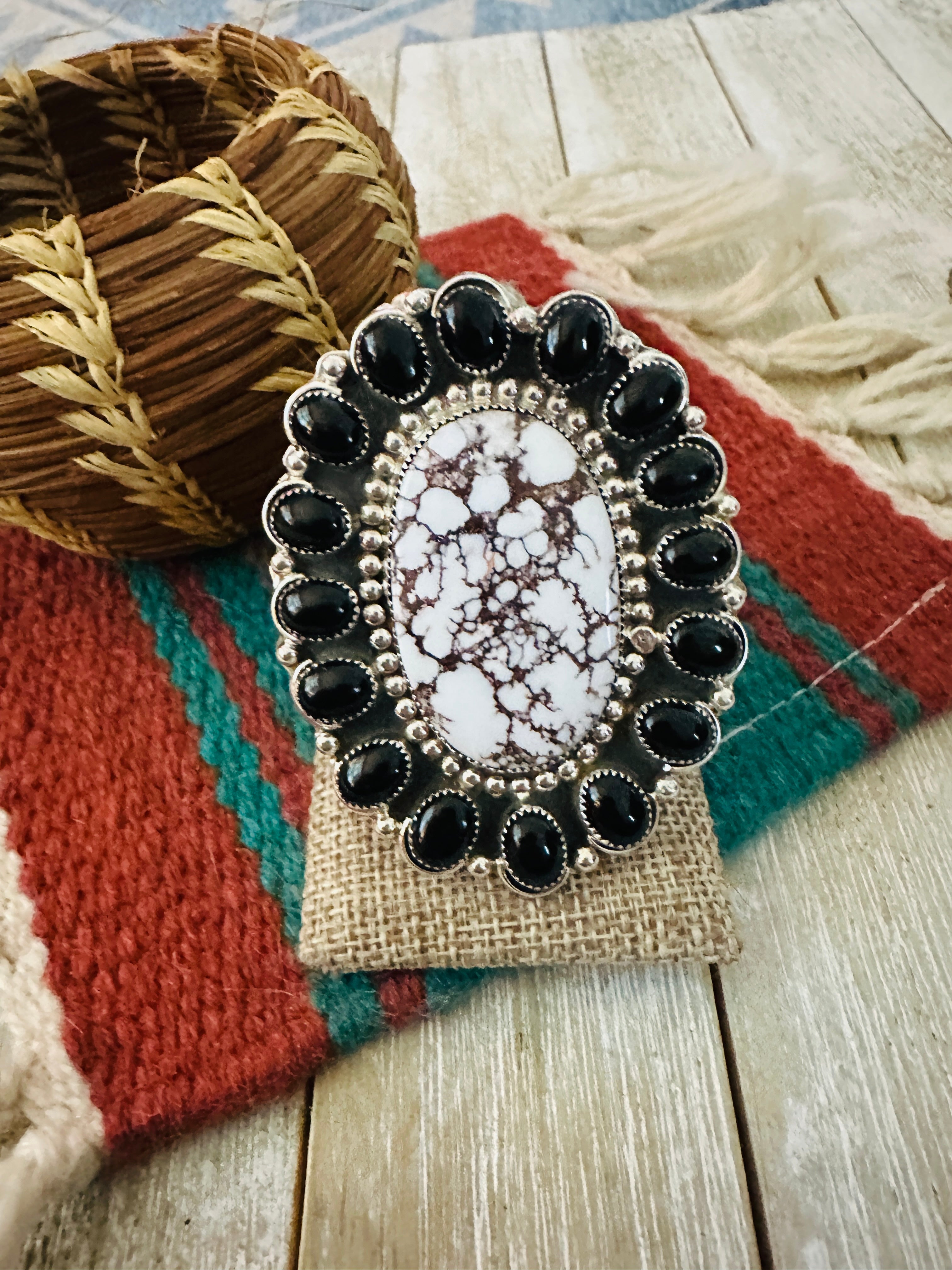 Handcrafted Black Onyx, Wild Horse & Sterling Silver Cluster Ring size 10.25