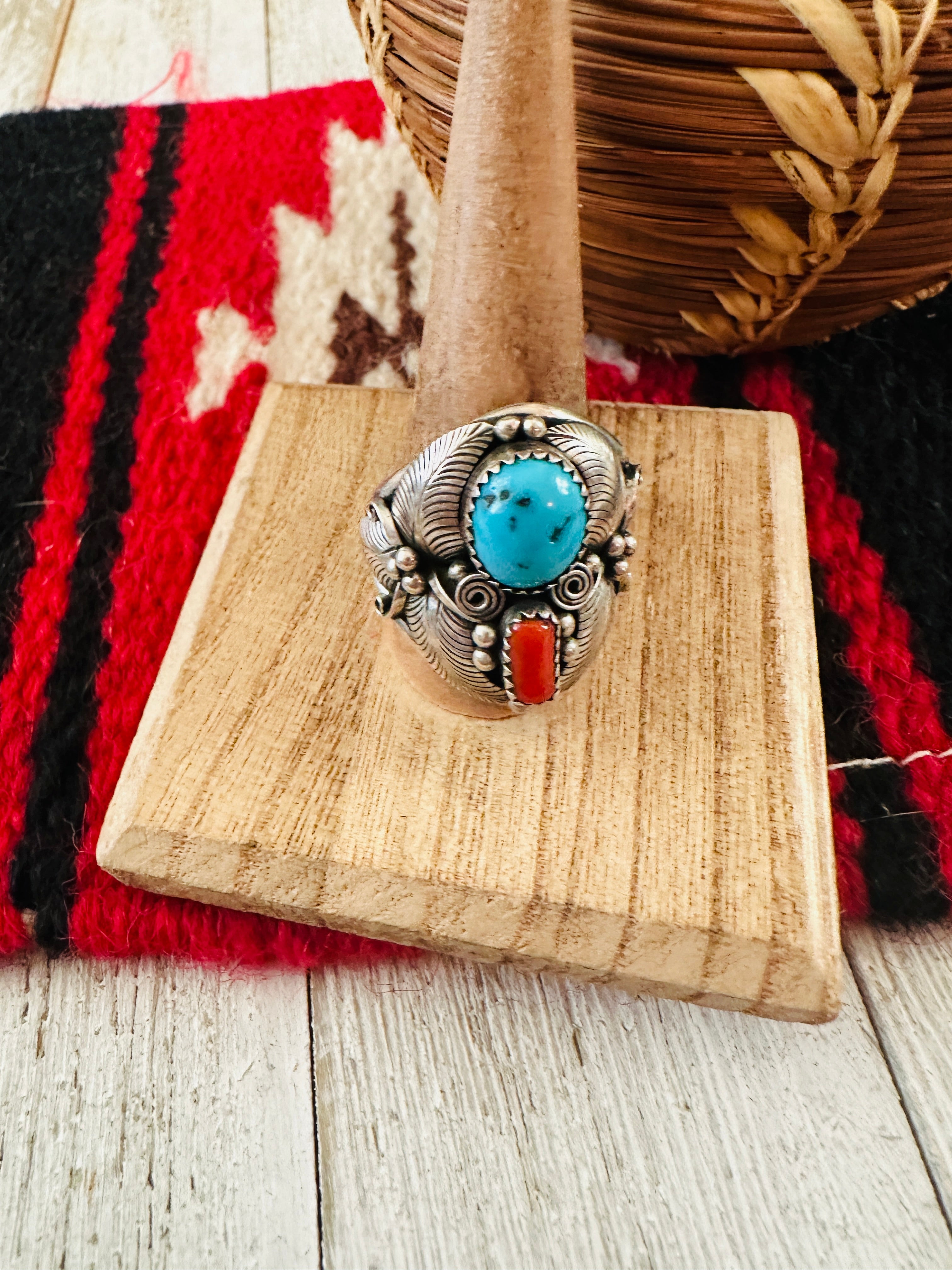 Old Pawn Vintage Navajo Sterling Silver, Kingman Turquoise & Coral Ring Size 12