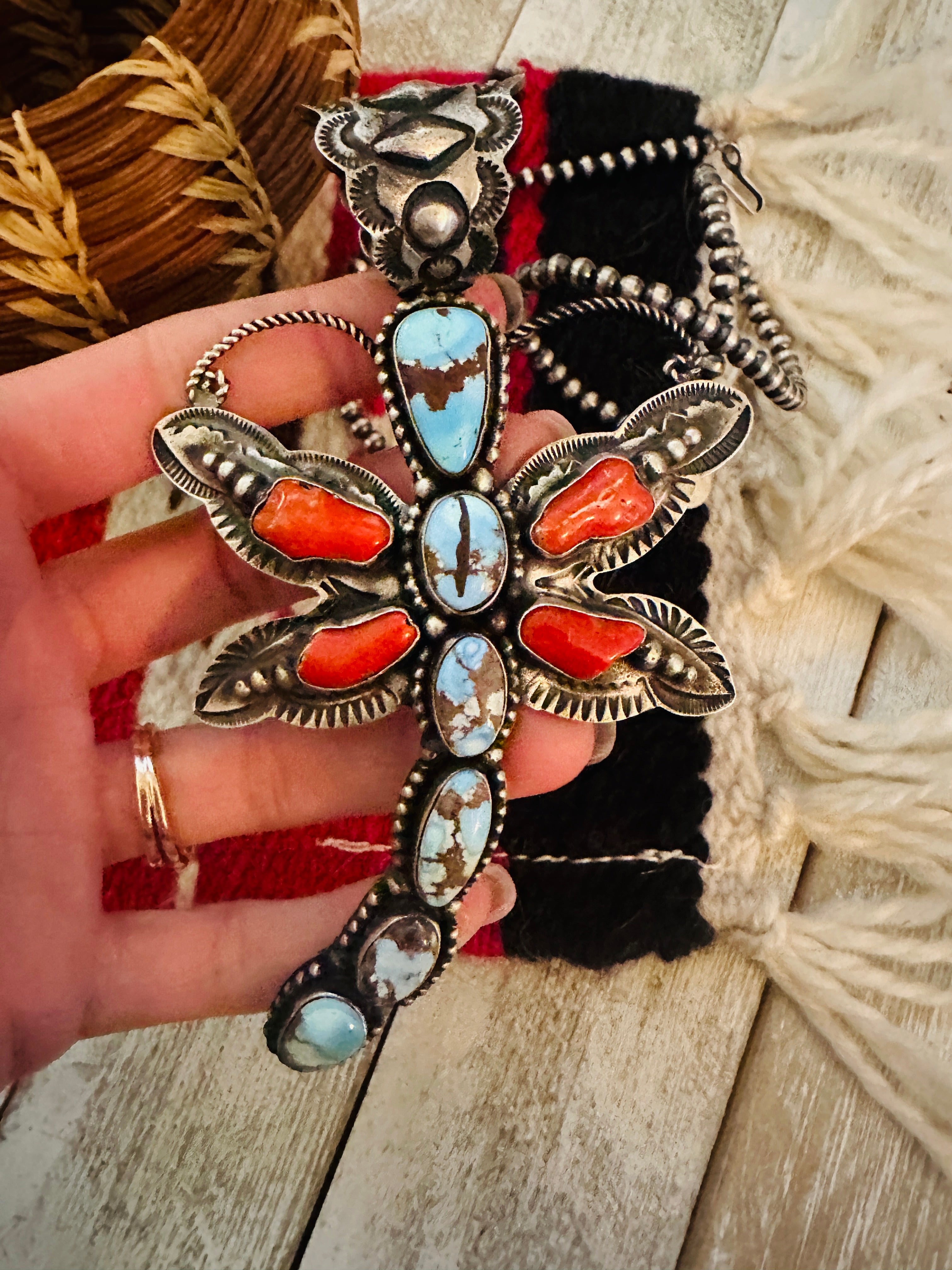 Navajo Turquoise, Coral & Sterling Silver Dragonfly Pendant By Shawn Cayatineto