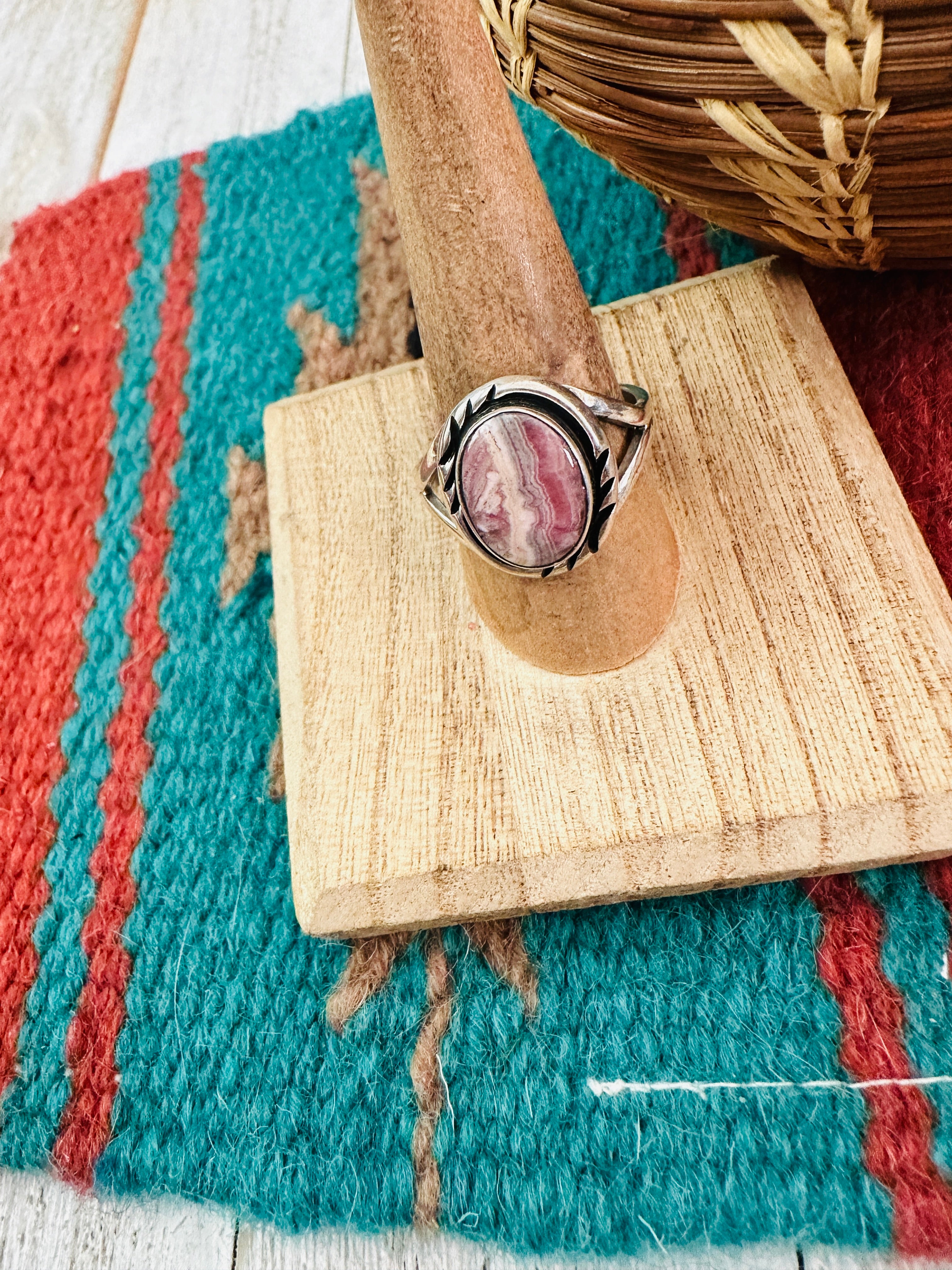 Navajo Rhodochrosite And Sterling Silver Ring Size 10.5 Signed