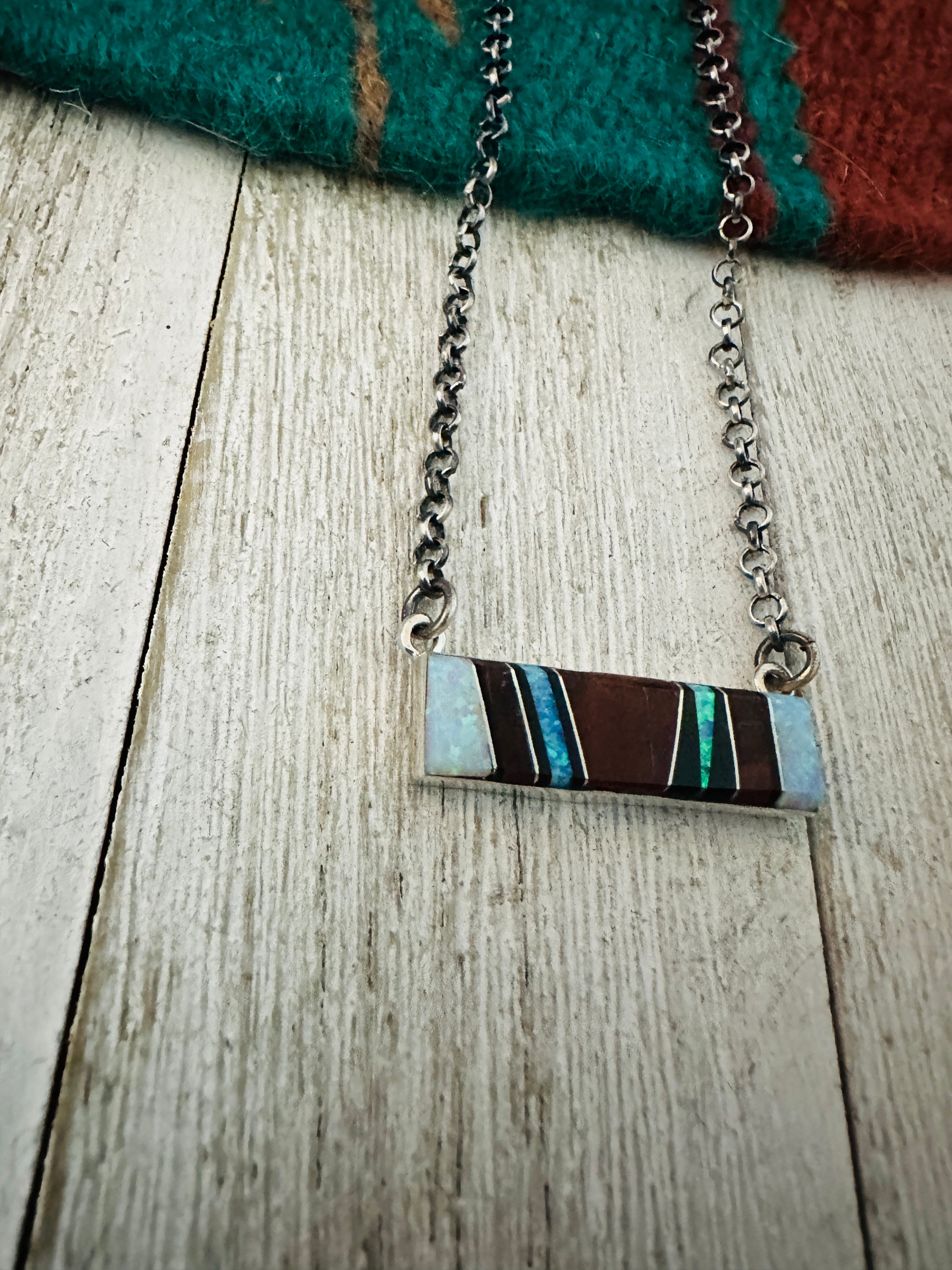 Navajo Multi Stone & Sterling Silver Inlay Bar Necklace