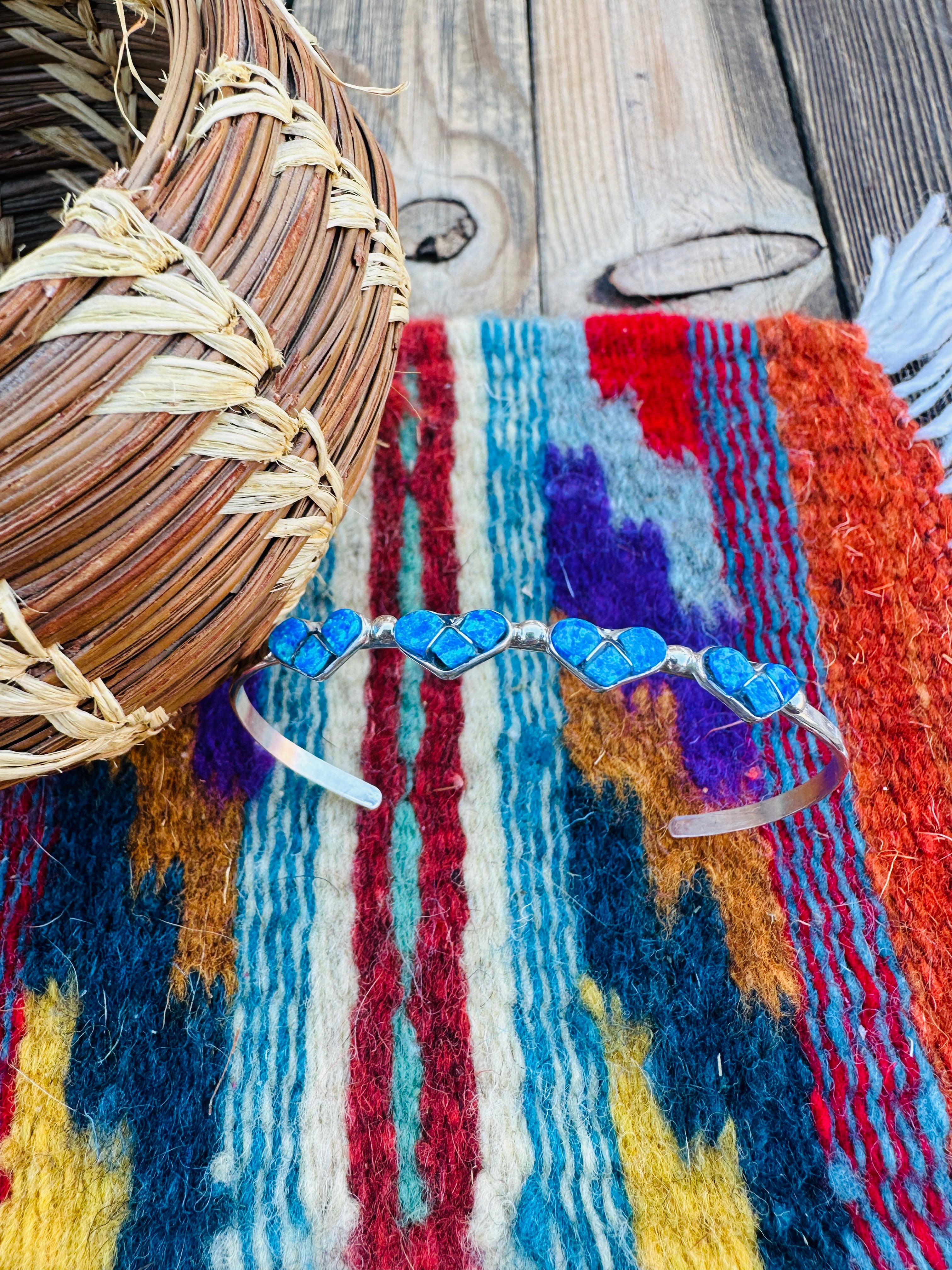 Handcrafted Sterling Silver & Blue Opal Heart Inlay Cuff Bracelet