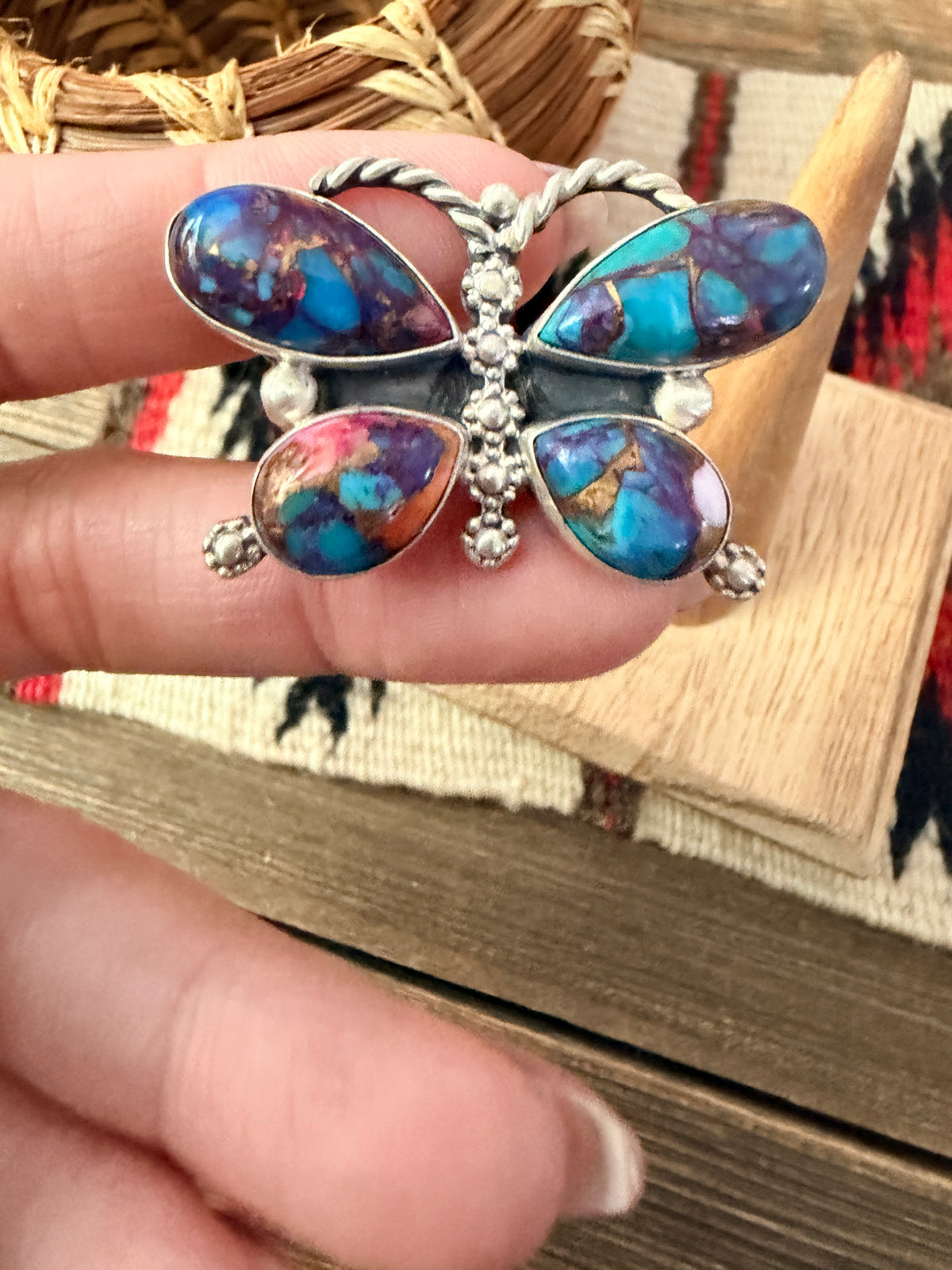 Handcrafted Pink Dream Mojave & Sterling Silver Adjustable Butterfly Ring