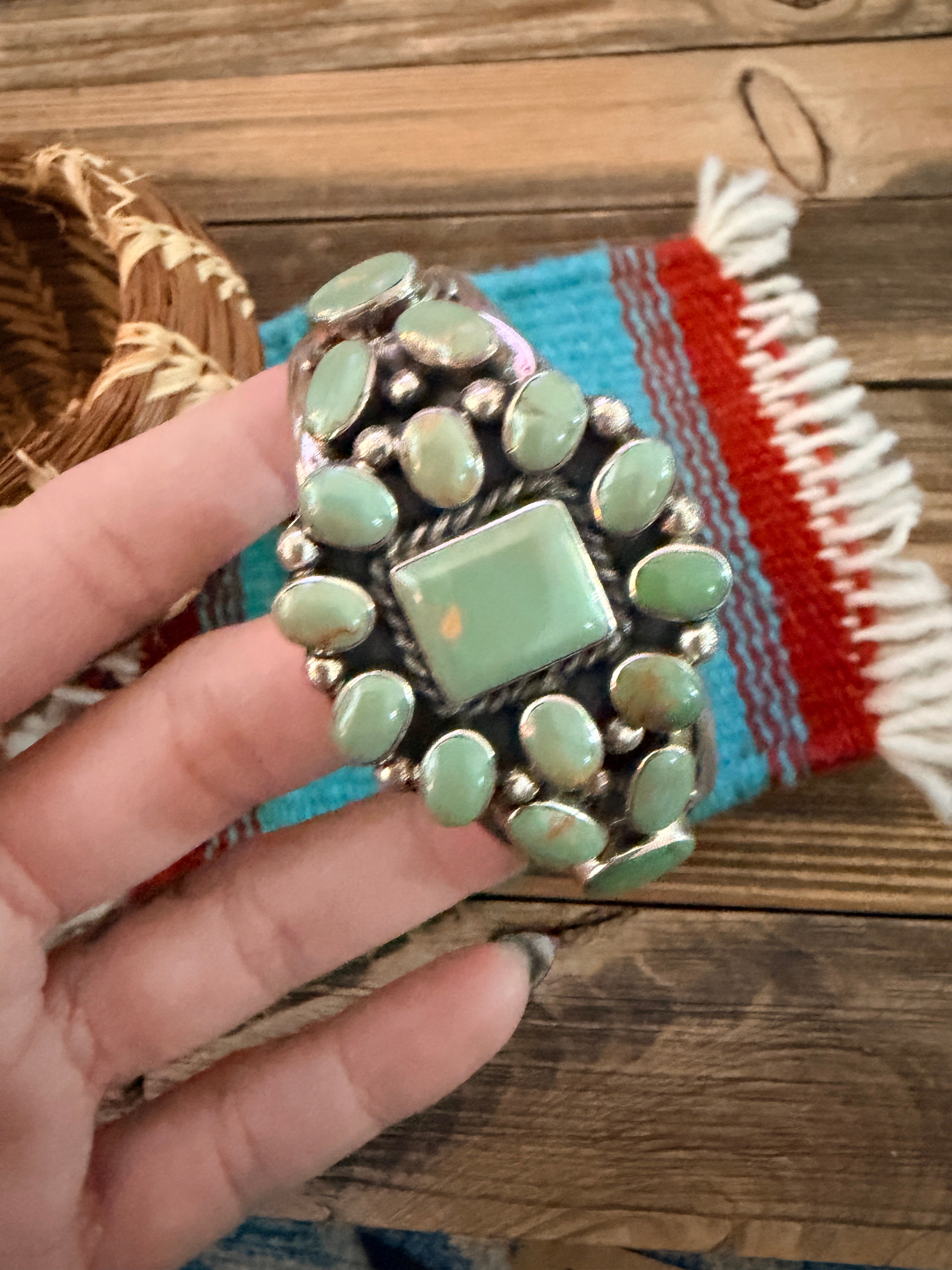 Handcrafted Sterling Silver & Carico Lake Turquoise Cluster Cuff Bracelet