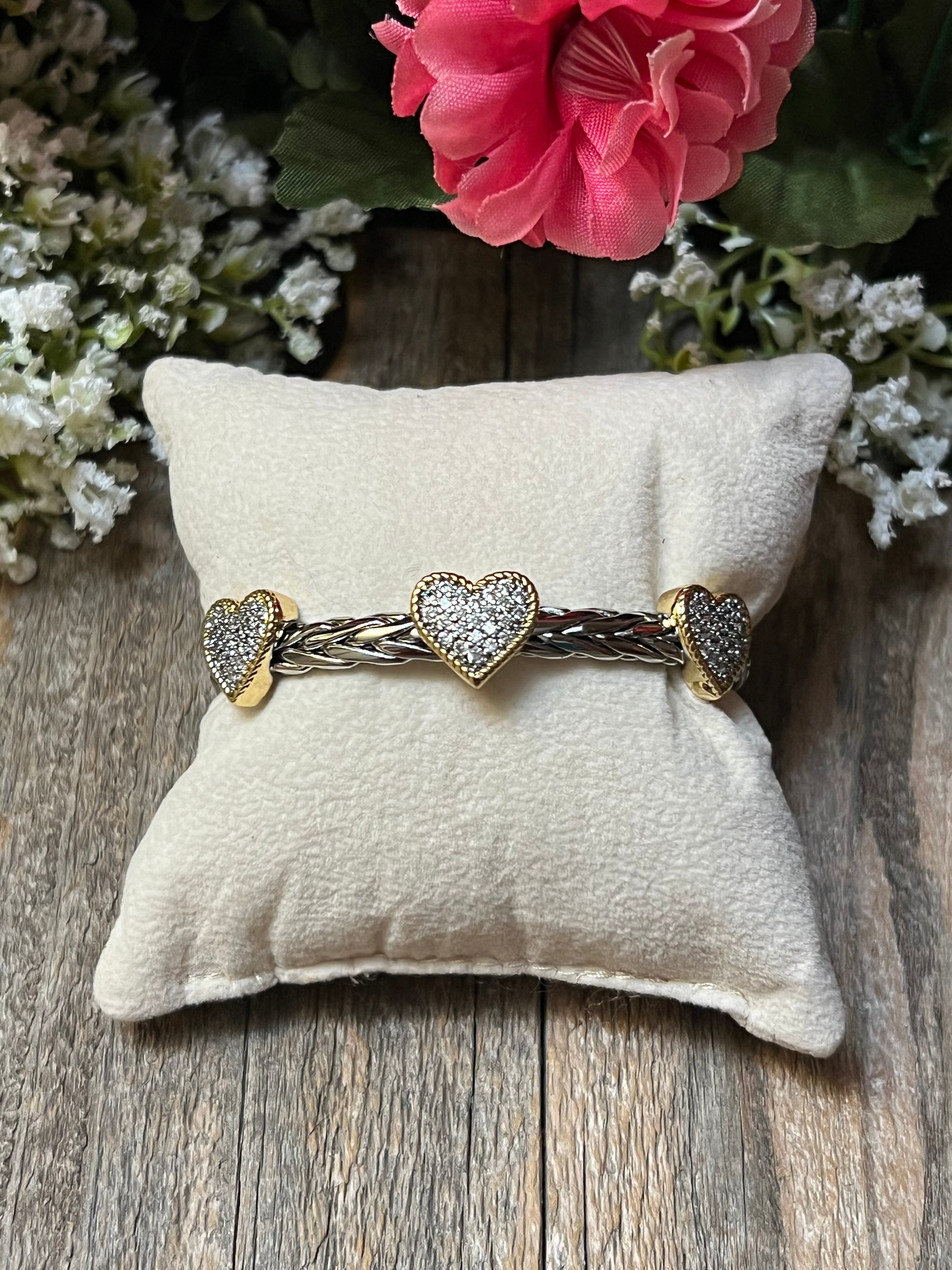 Silver & 14k Gold Plated Two Tone Ponytail CZ 3-Heart Bangle Bracelet