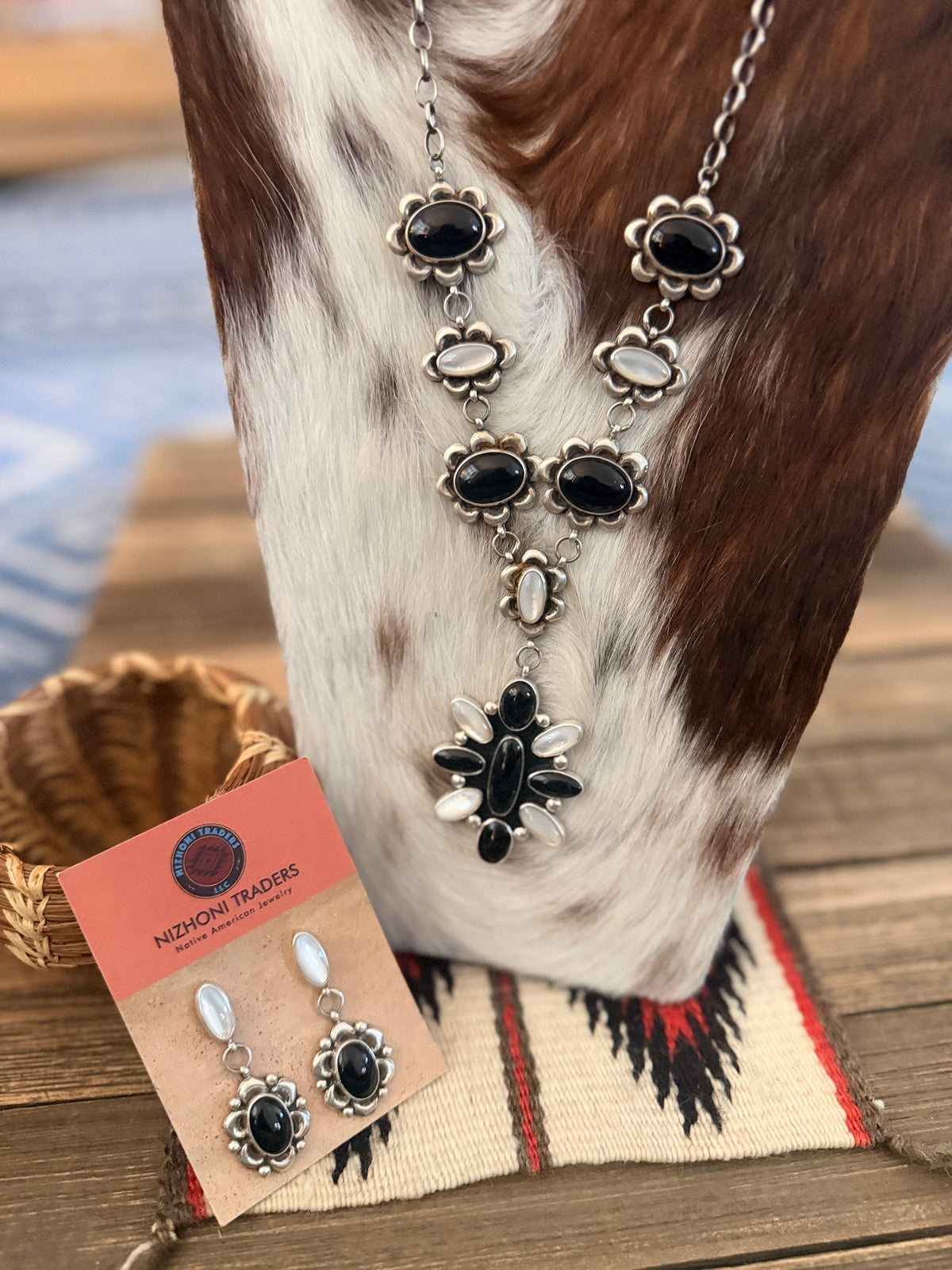 Handcrafted Onyx, Mother of Pearl & Sterling Silver Cluster Necklace and Earring Set by Larry Kaye