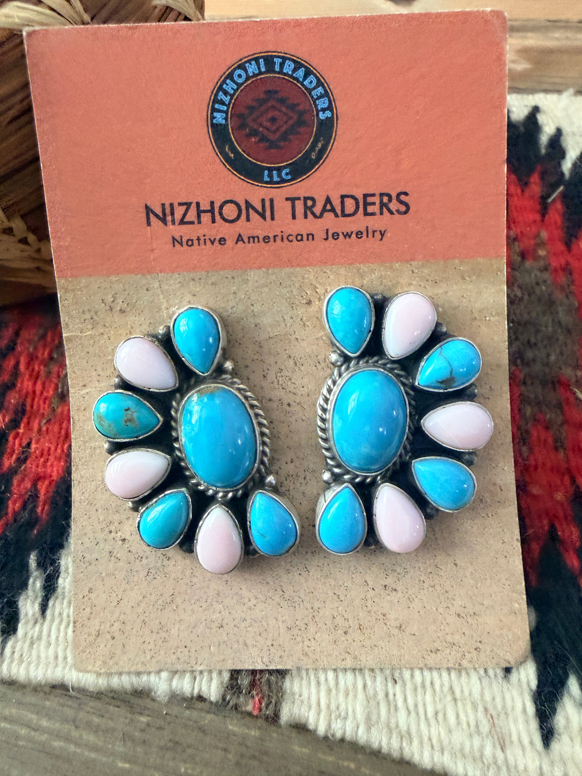 Handcrafted Turquoise, Queen Pink Conch & Sterling Silver Cluster Post Earrings by Geraldine James