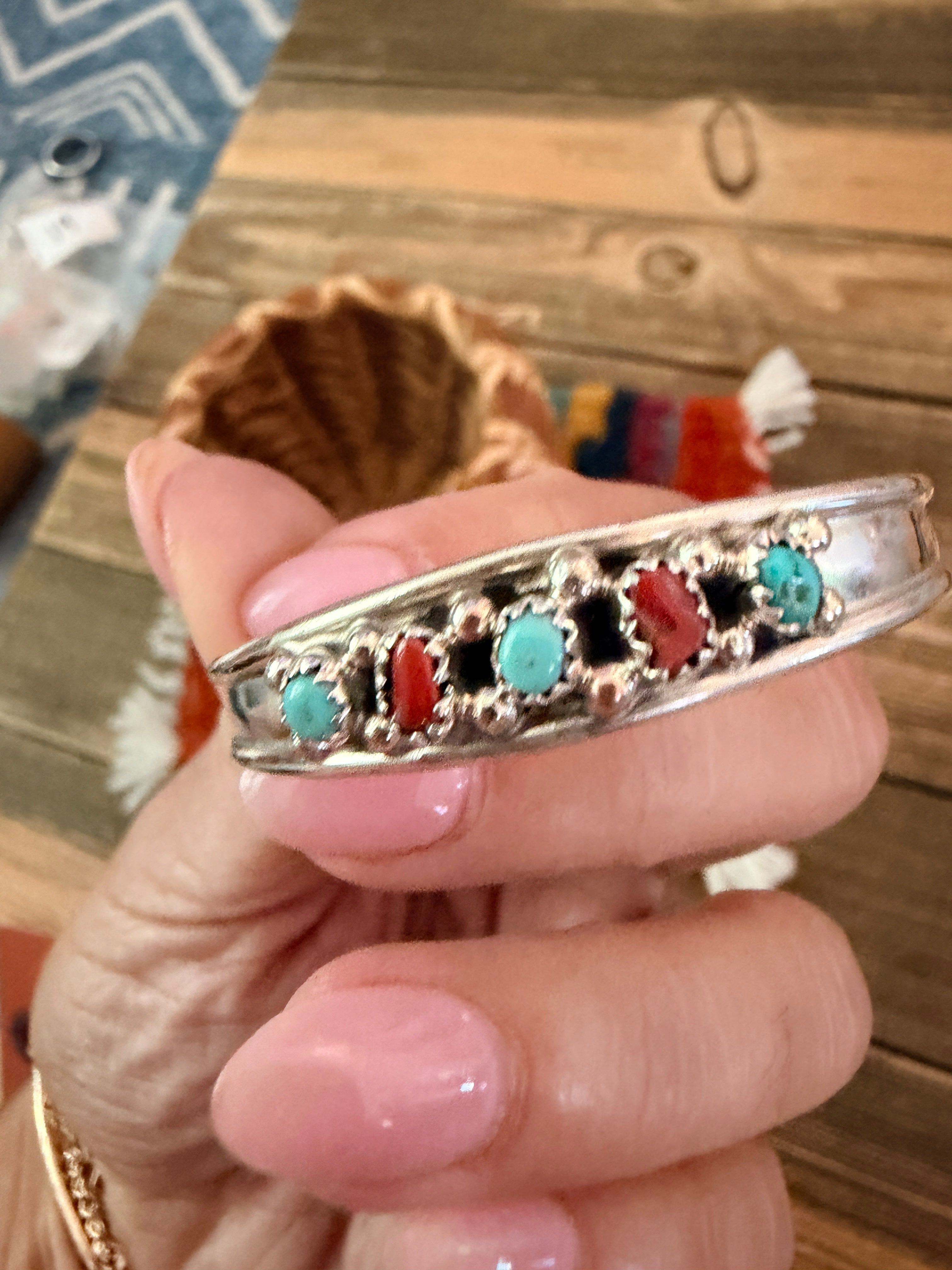 Handcrafted Turquoise, Coral & Sterling Silver Baby Cuff Bracelet