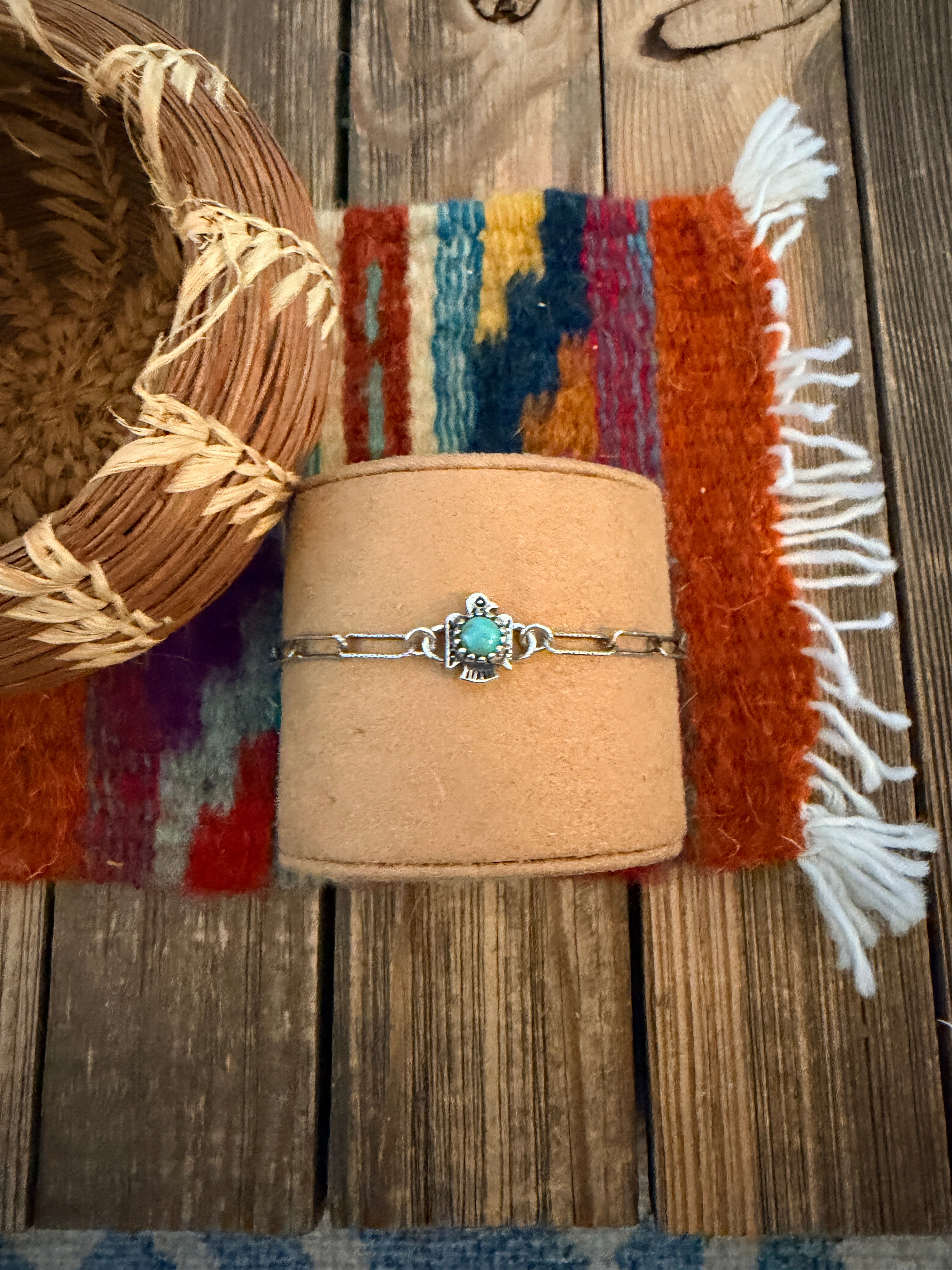 Handmade Kingman Turquoise & Sterling Silver Thunderbird Anklet