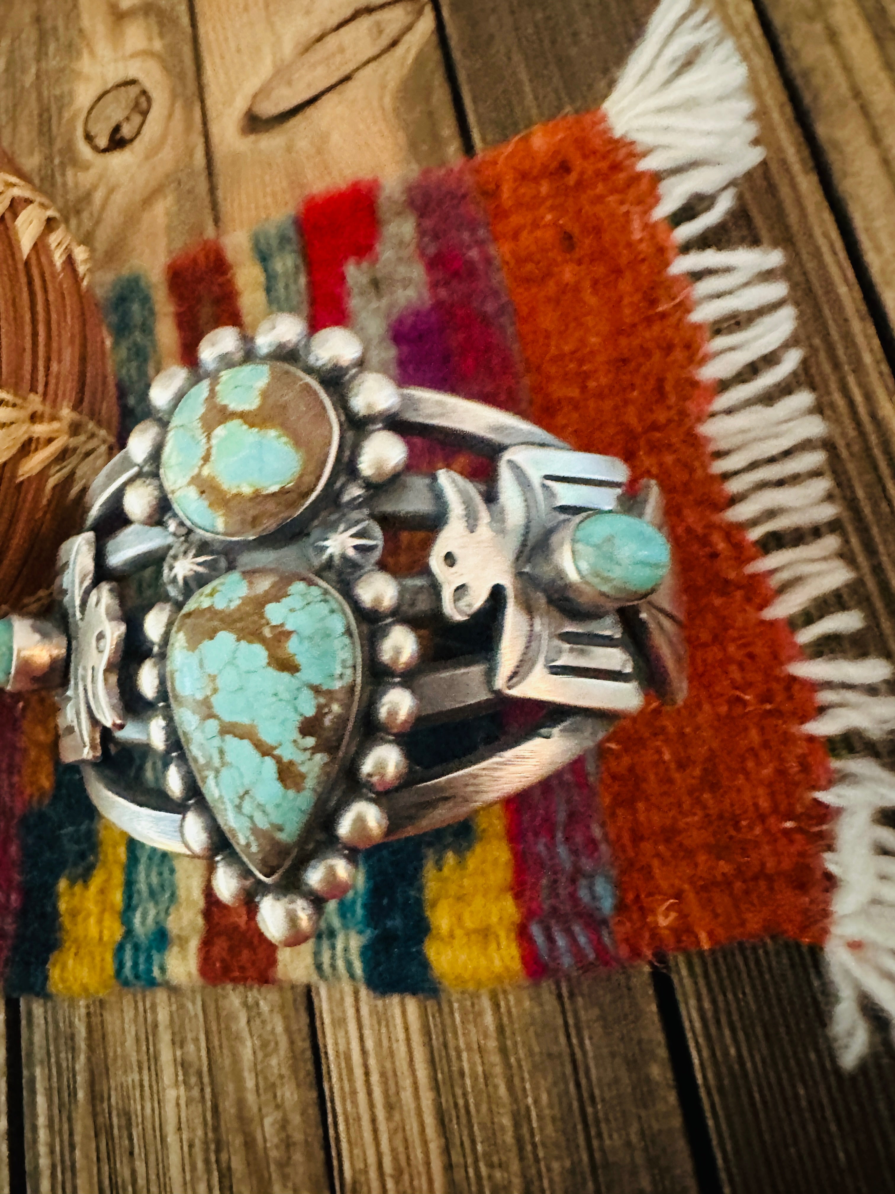 Handcrafted Sterling Silver & Number 8  Turquoise Thunderbird Cuff Bracelet by Chimney Butte