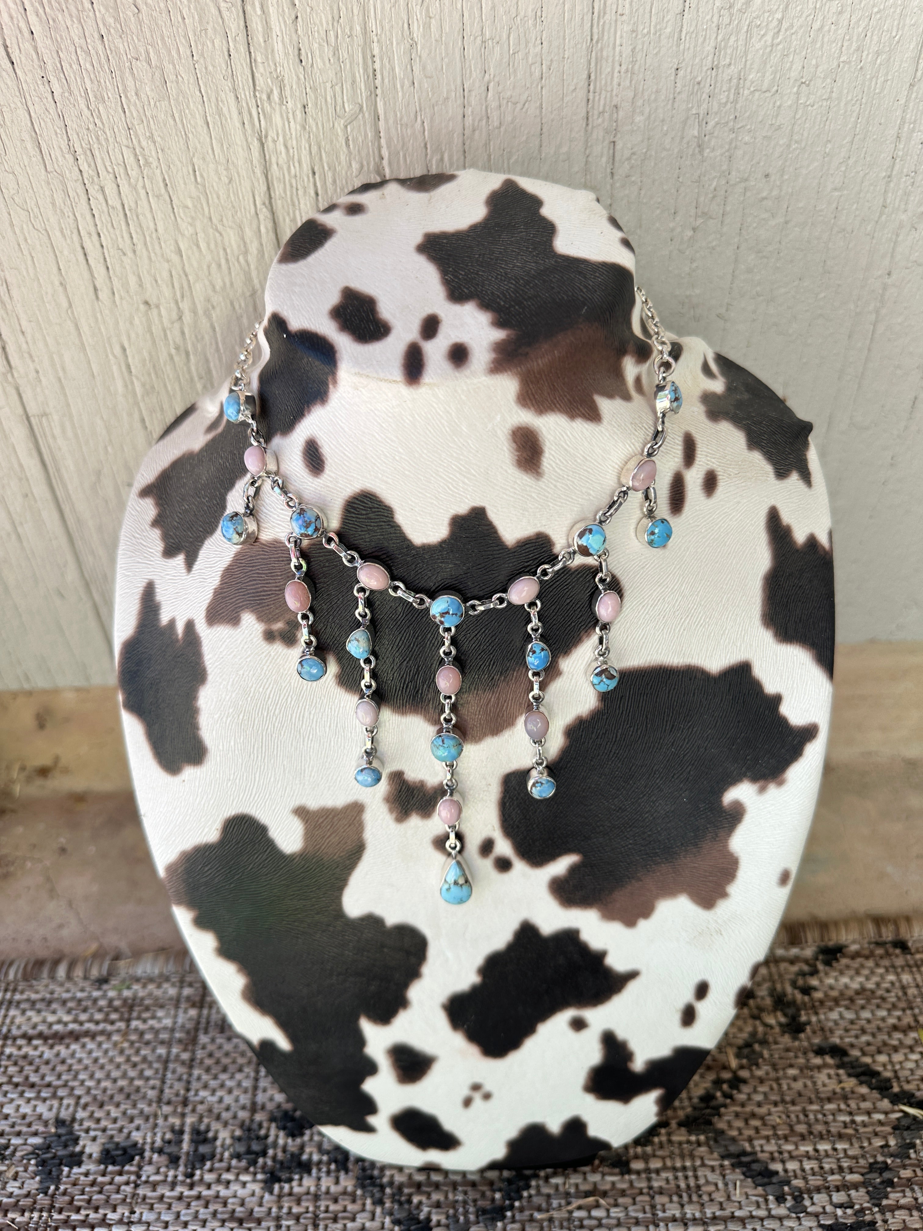 Handmade Sterling Silver, Pink Conch & Golden Hills Turquoise Waterfall Necklace Signed Nizhoni