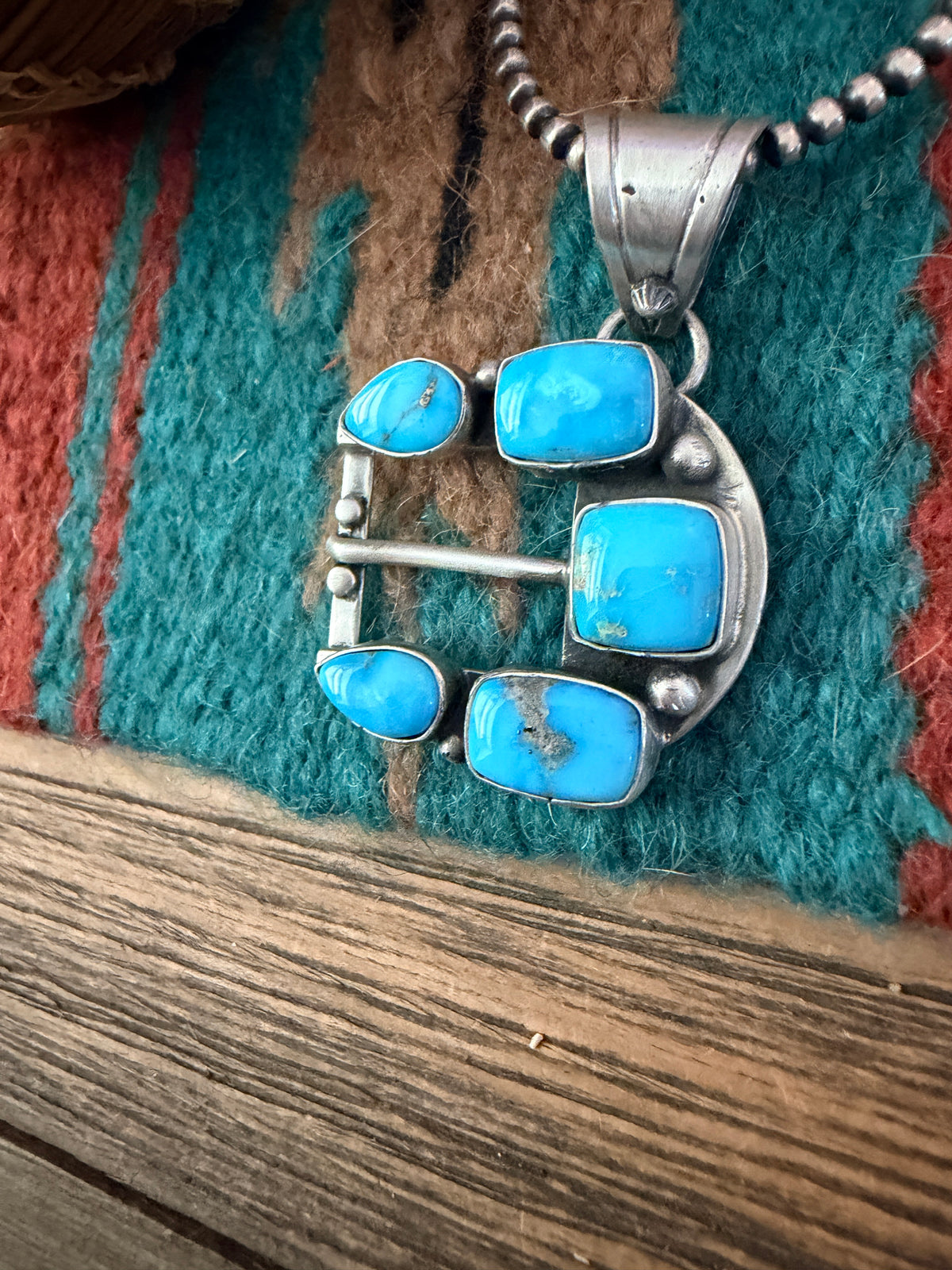 Handcrafted Sterling Silver & Turquoise Belt Buckle Pendant by Russell Sam