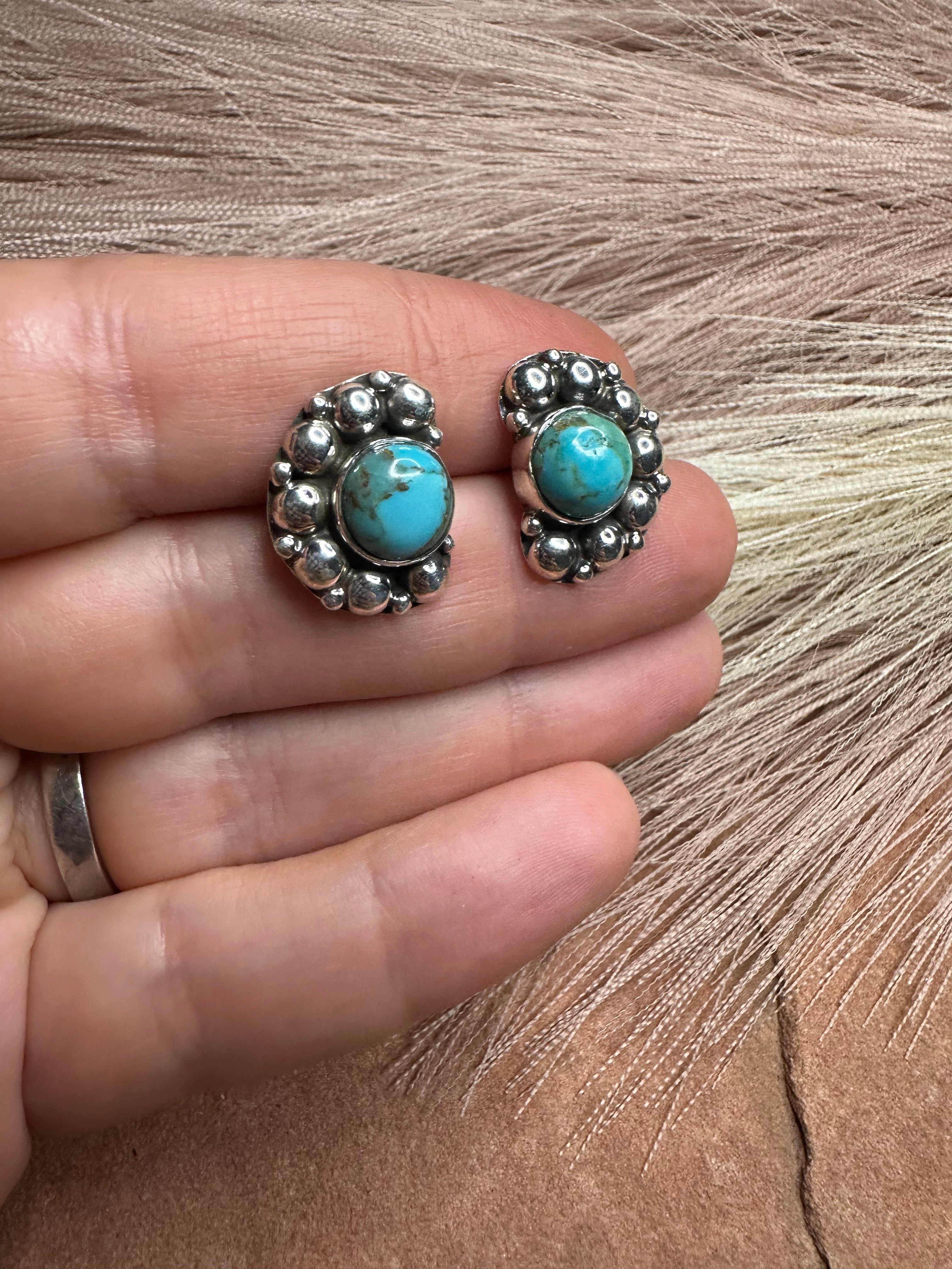 Handmade Sterling Silver Ball & Turquoise Post Earrings