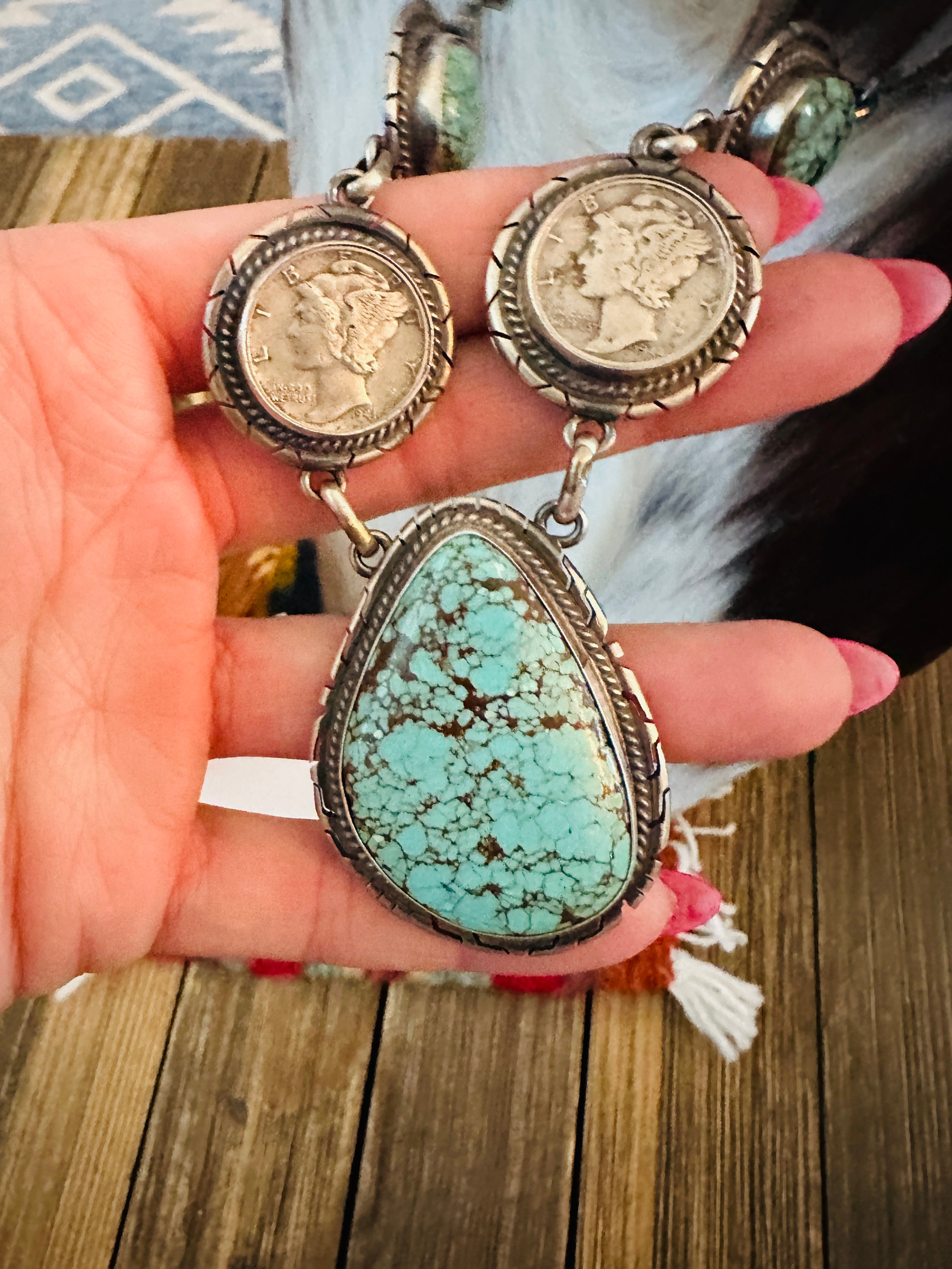 Handcrafted Turquoise & Sterling Silver Liberty Dime Beaded Necklace and Earrings Set