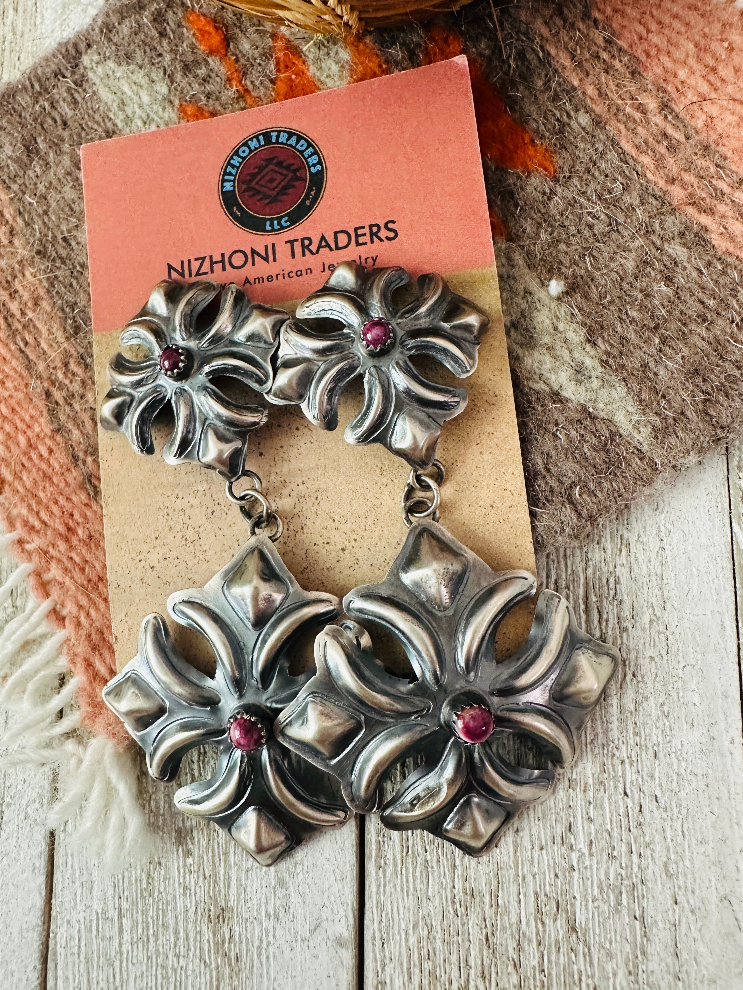 Handcrafted Purple Spiny & Sterling Silver Concho Dangle Earrings by Tim Yazzie