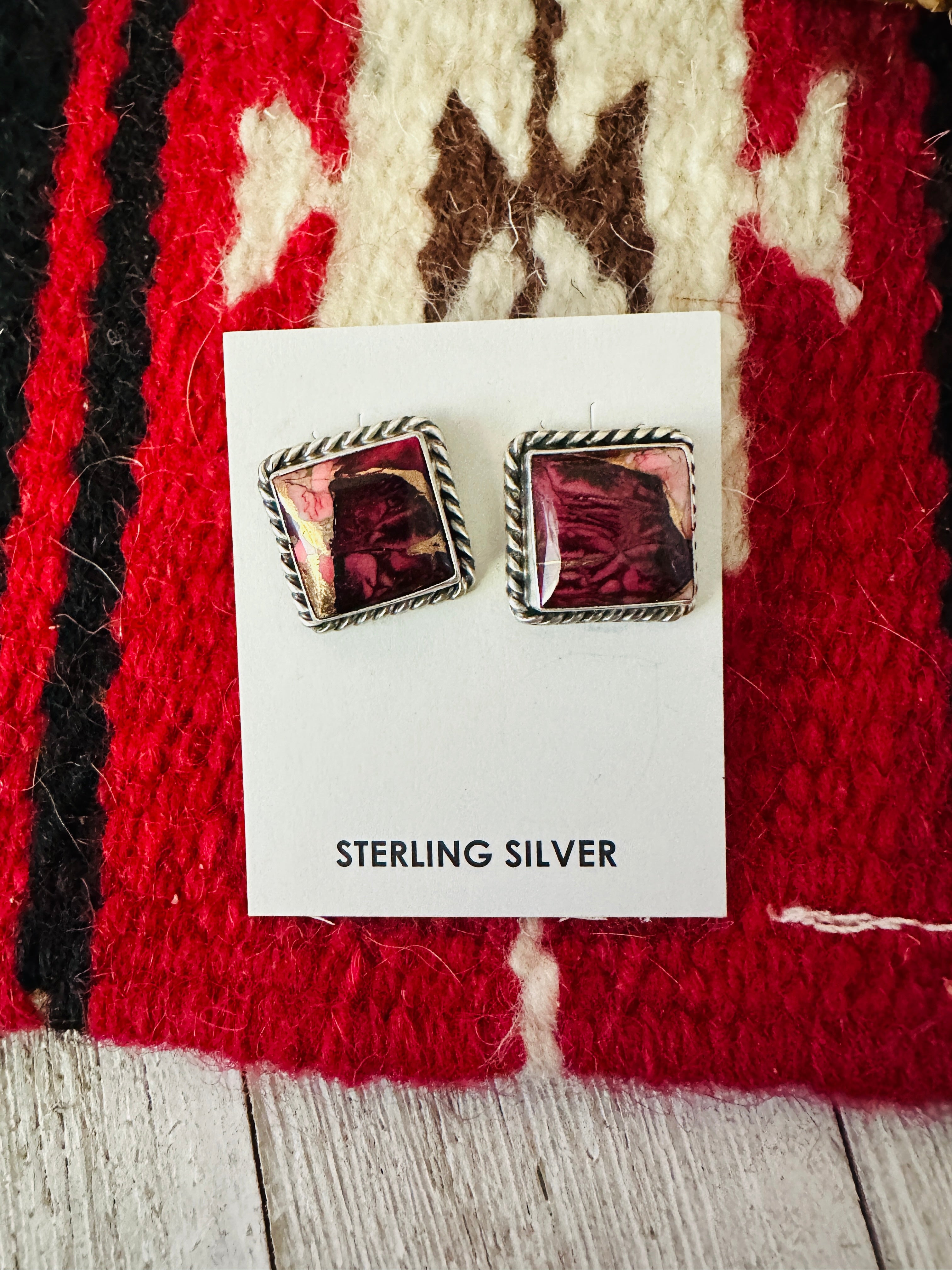 Navajo Sterling Silver & Rose Dahlia Square Stud Earrings