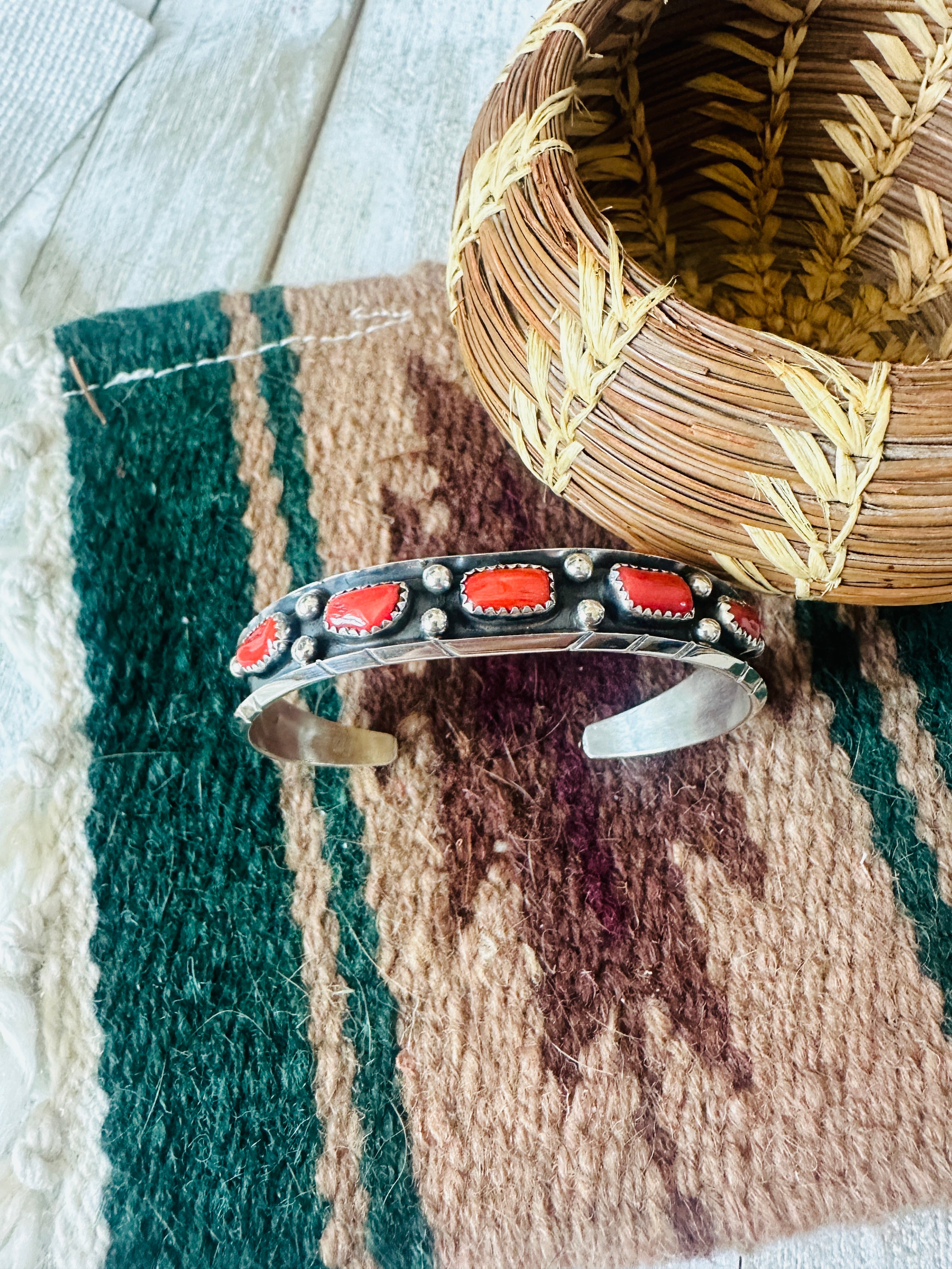 Navajo Coral & Sterling Silver Cuff Bracelet