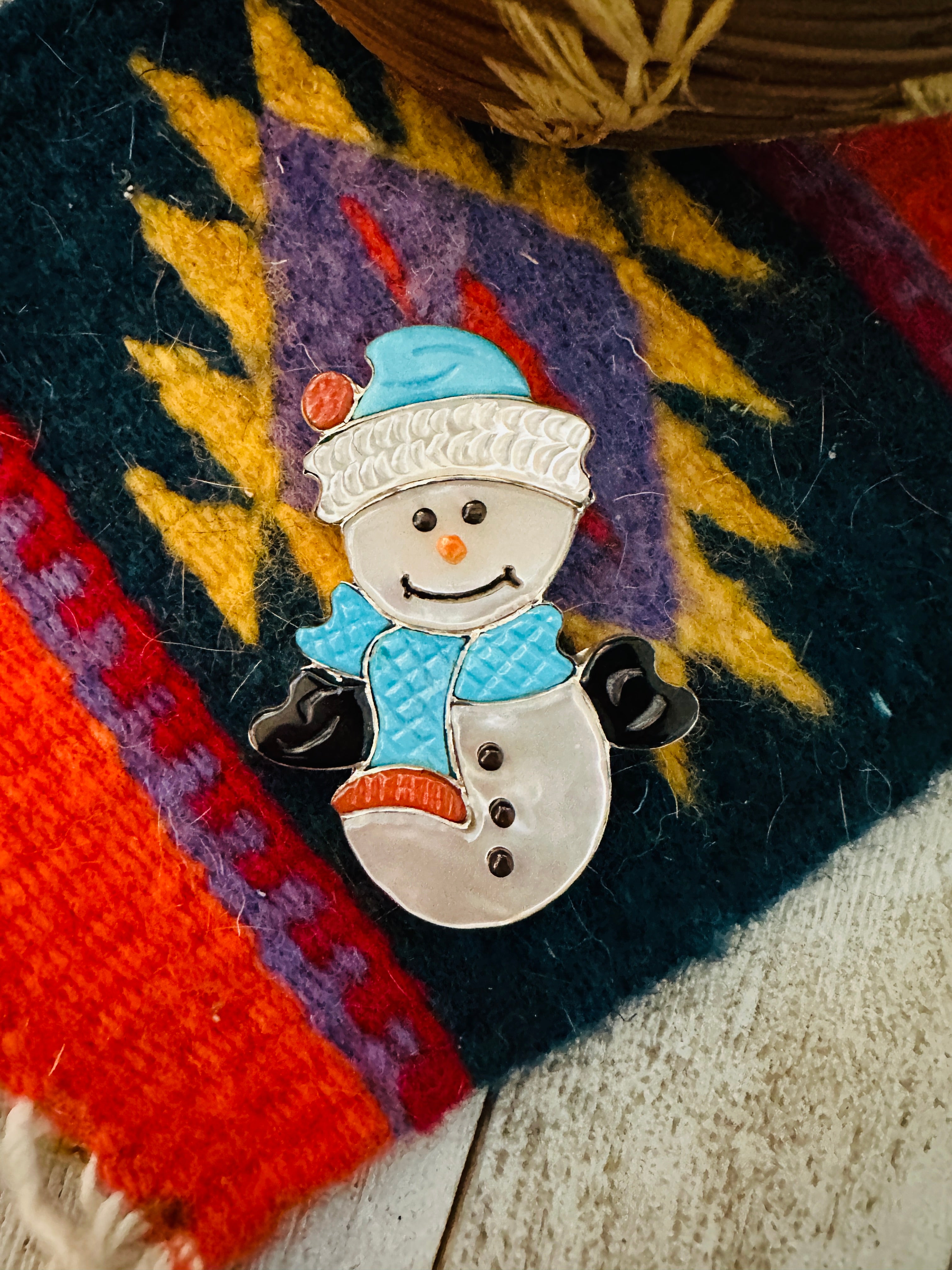 Zuni Multi Stone & Sterling Silver Inlay Snowman Brooch/ Pendant