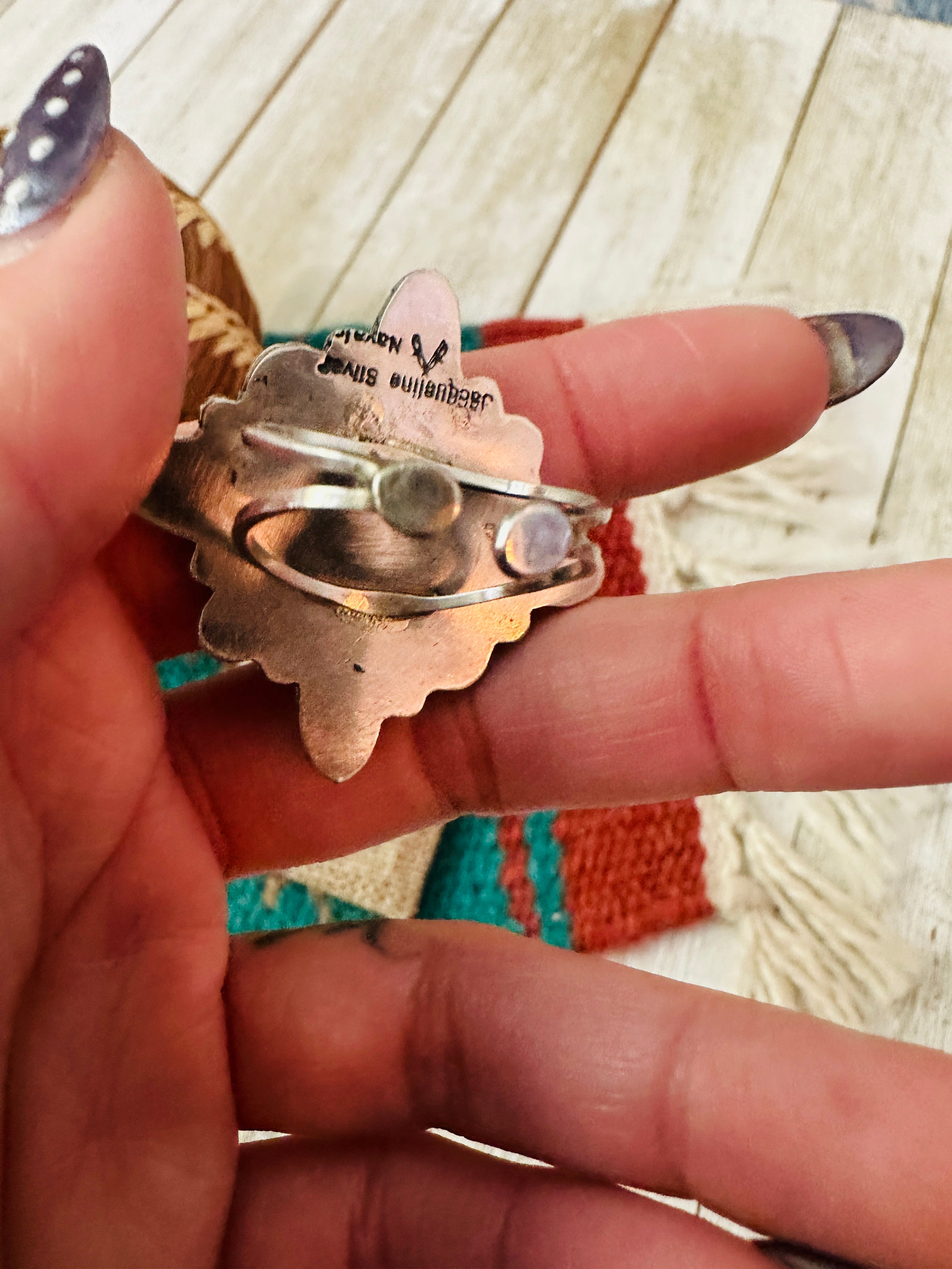 Handcrafted Queen Pink Conch, Onyx, Turquoise & Sterling Silver Adjustable Ring by Jacqueline Silver