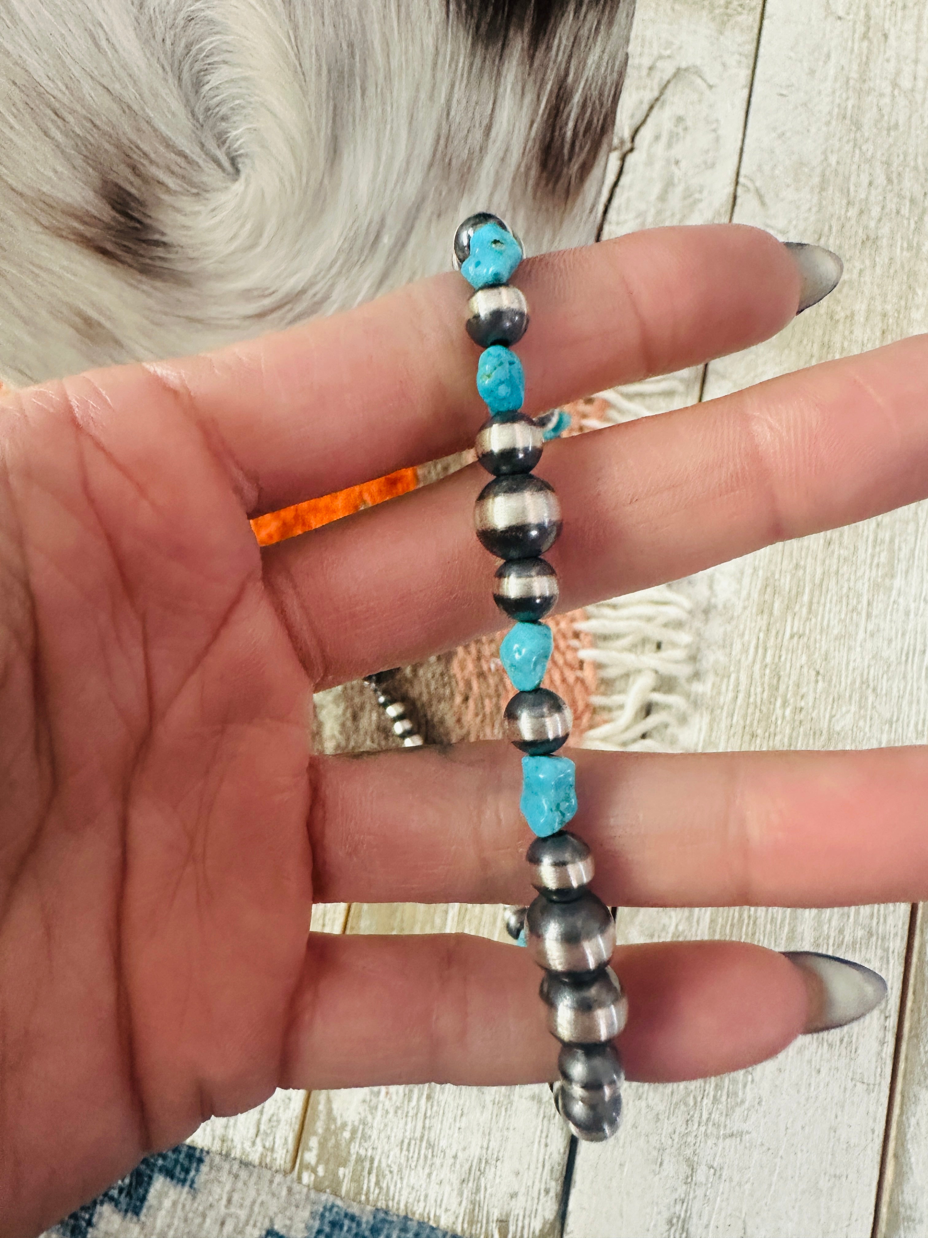 Handcrafted Turquoise & Sterling Silver Pearl 14” Beaded Necklace