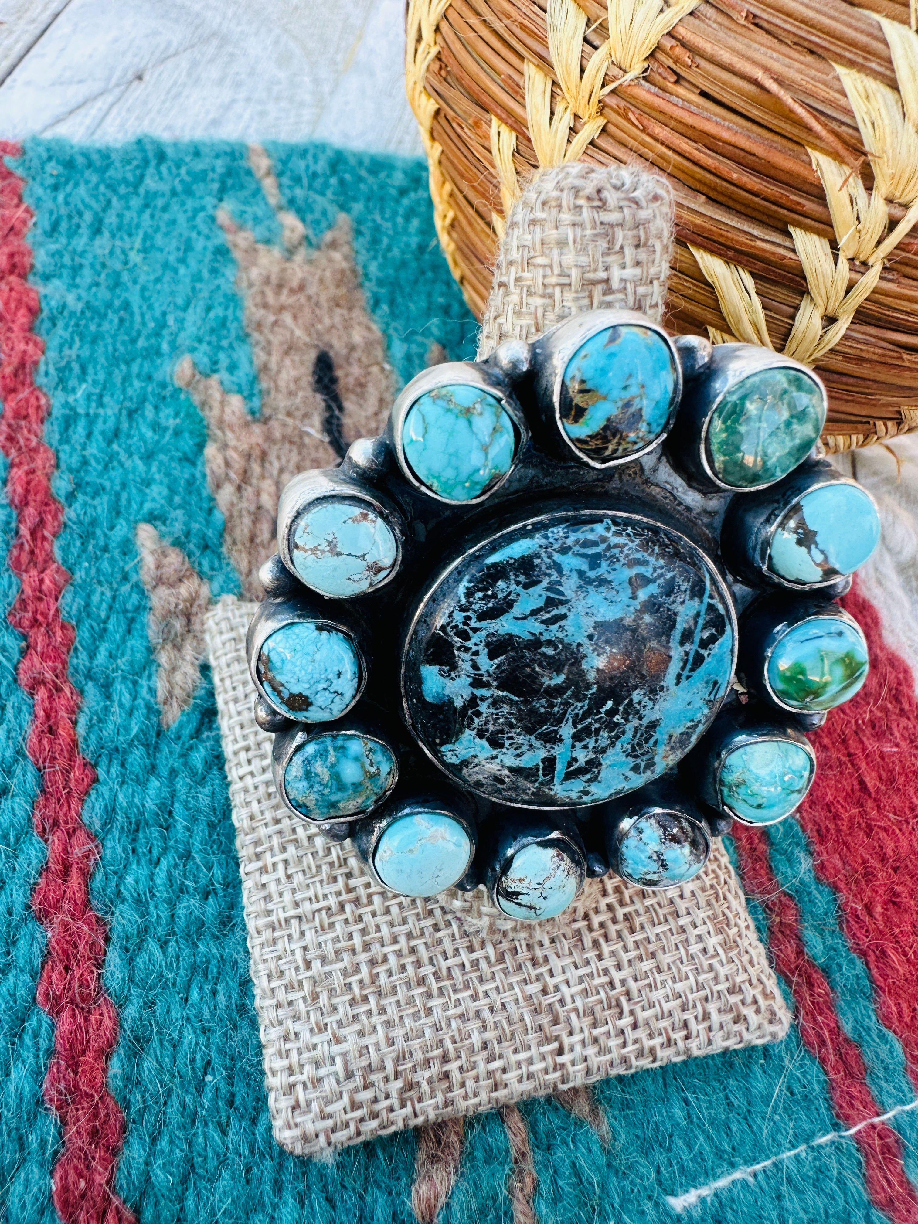 Hand Crafted Multi Turquoise & Sterling Silver Cluster Ring Size 9 by Ella Peter