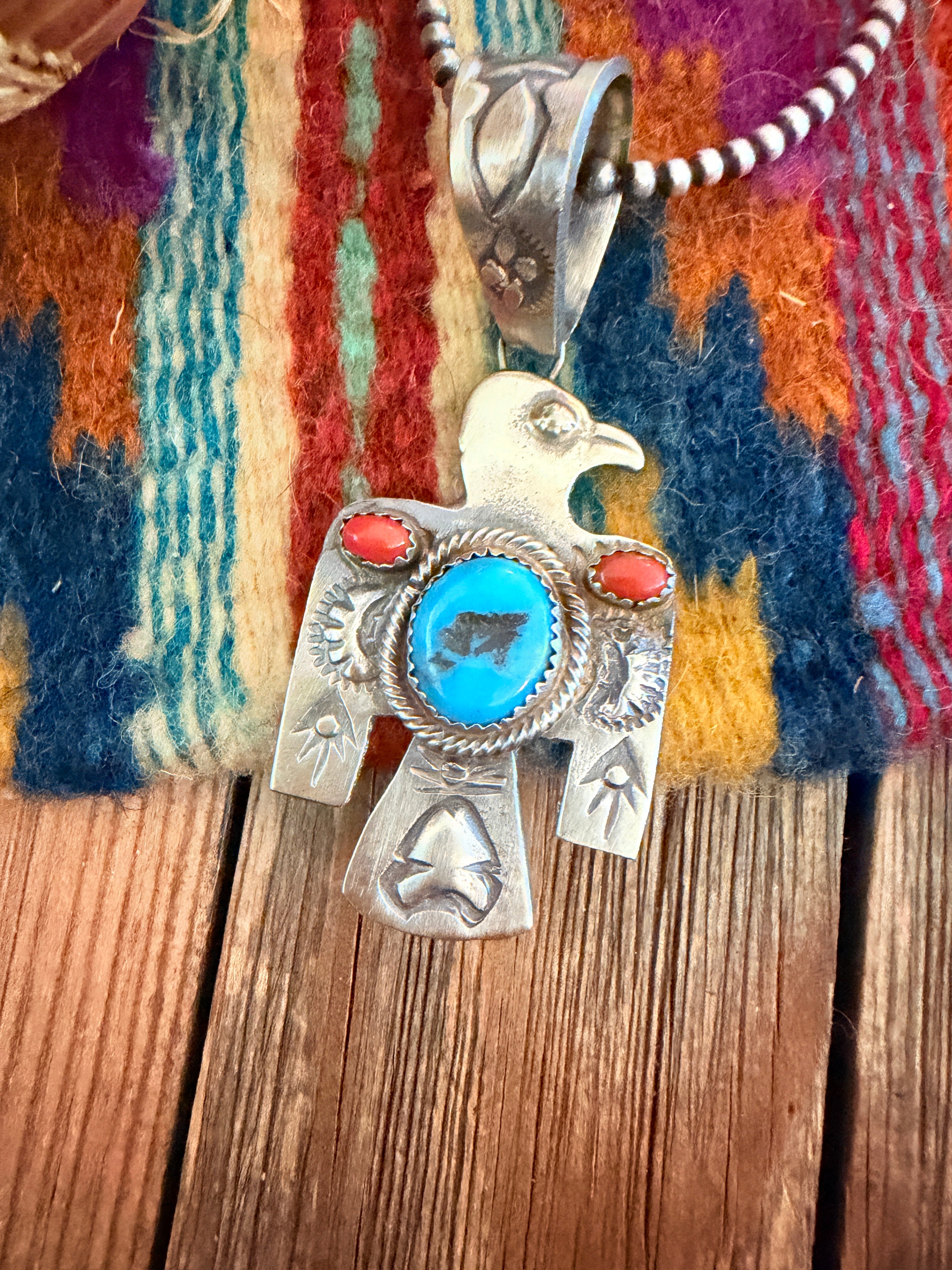 Handcrafted Turquoise, Coral & Sterling Silver Thunderbird Pendant by Richard Yazzie