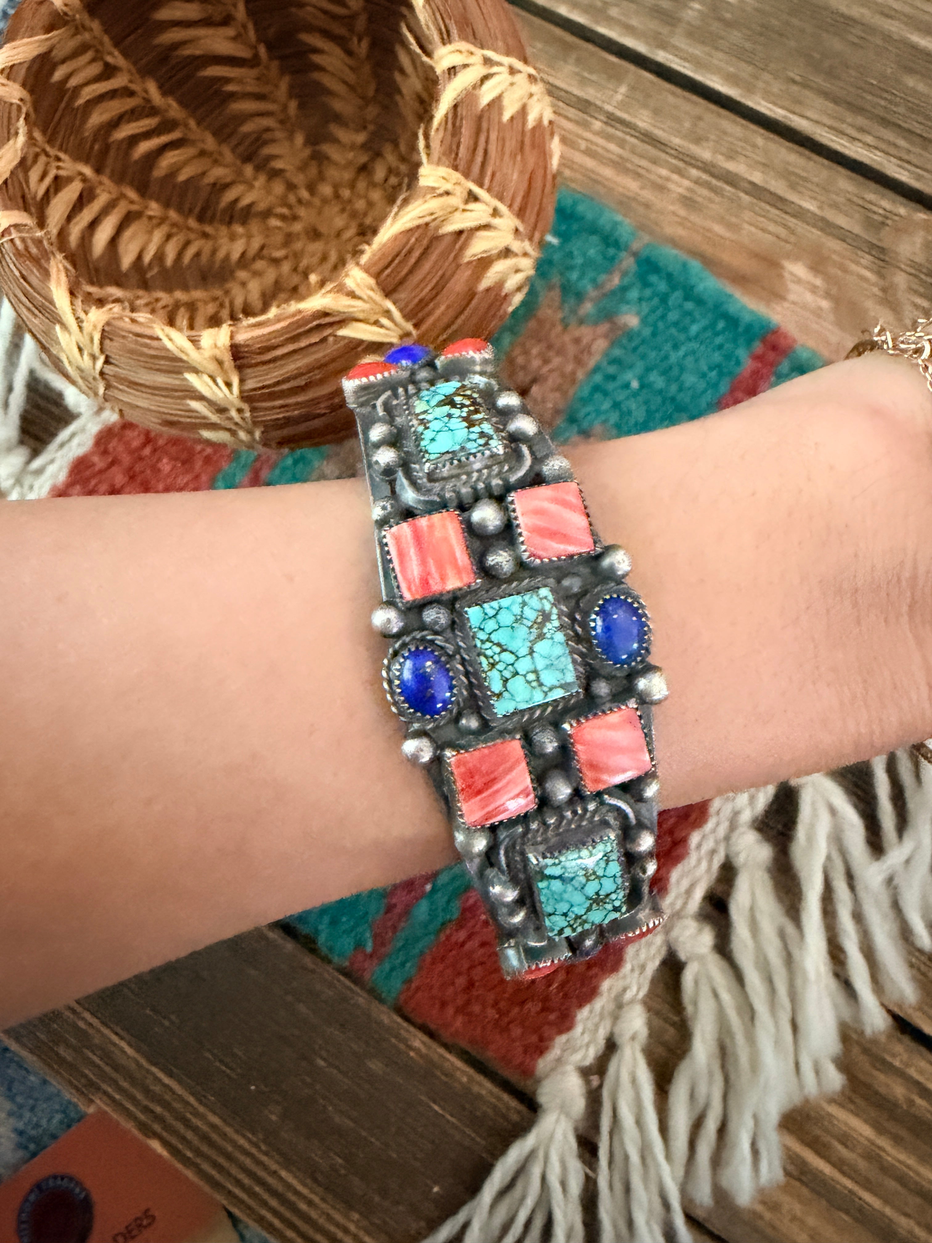Handcrafted Old Pawn Sterling Silver & Multi Stone Cuff Bracelet