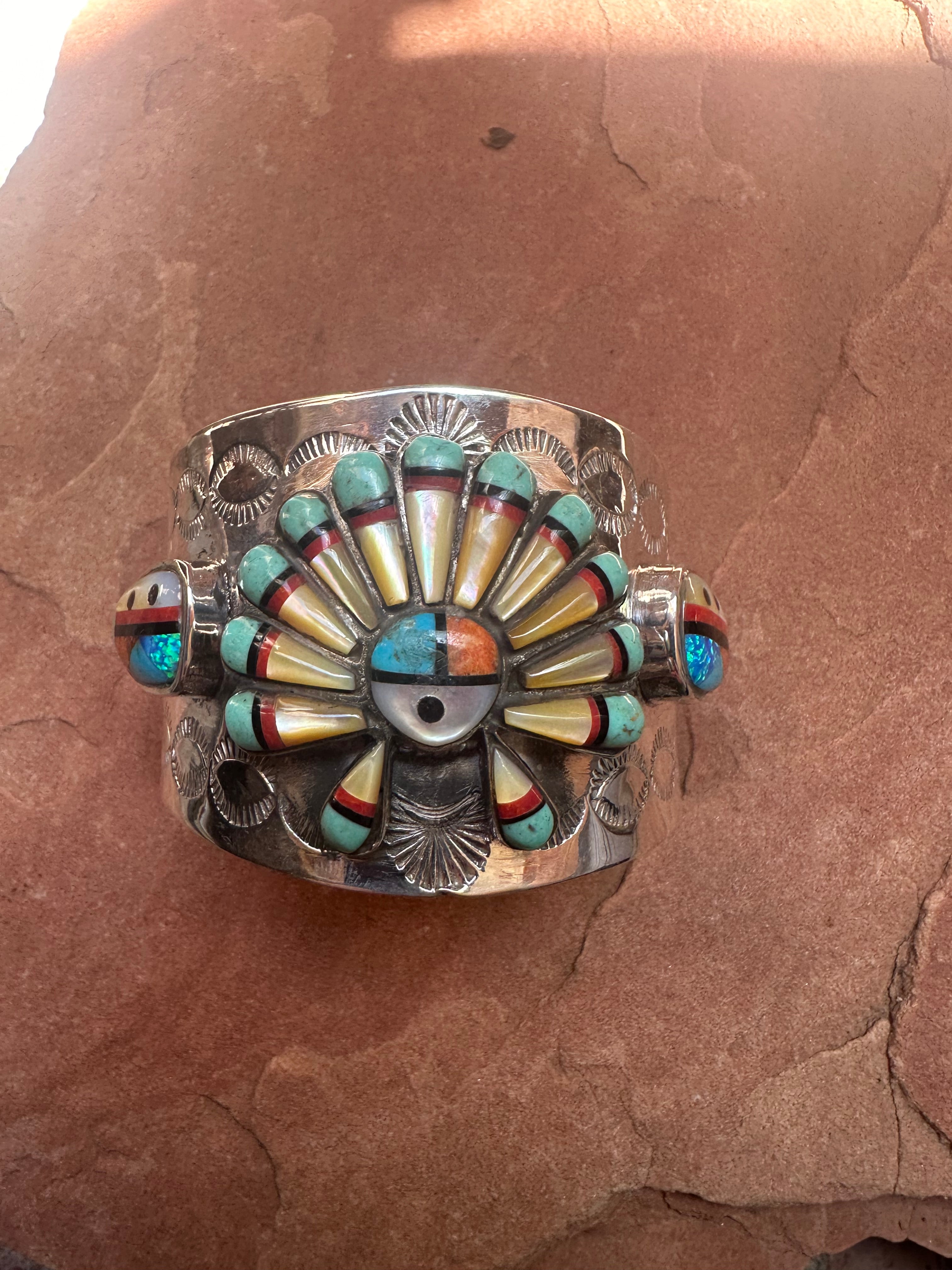 Handmade Sterling Silver Multi Stone Southwest Inlay Sunface Cuff