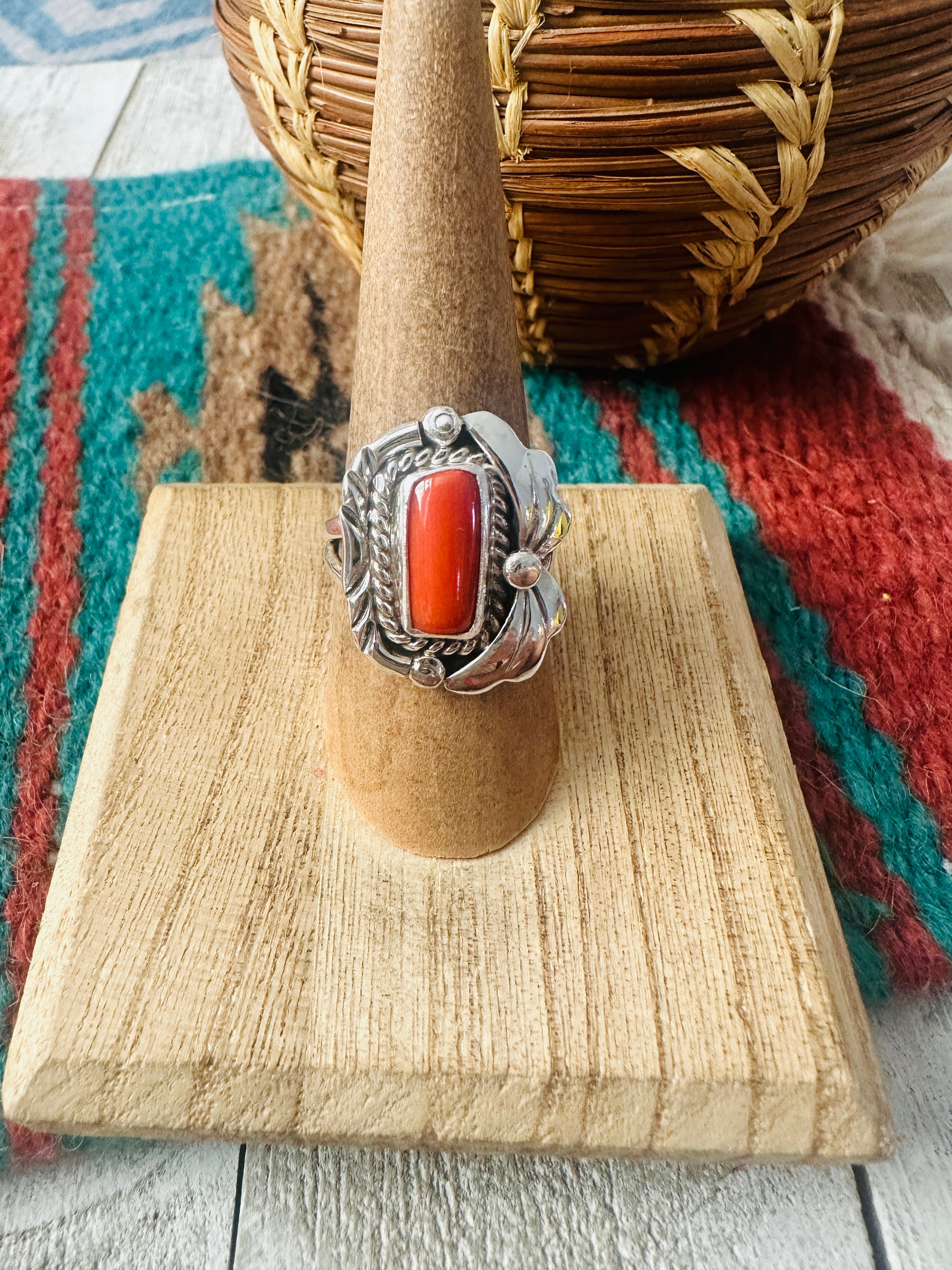 Navajo Coral & Sterling Silver Ring Size 7