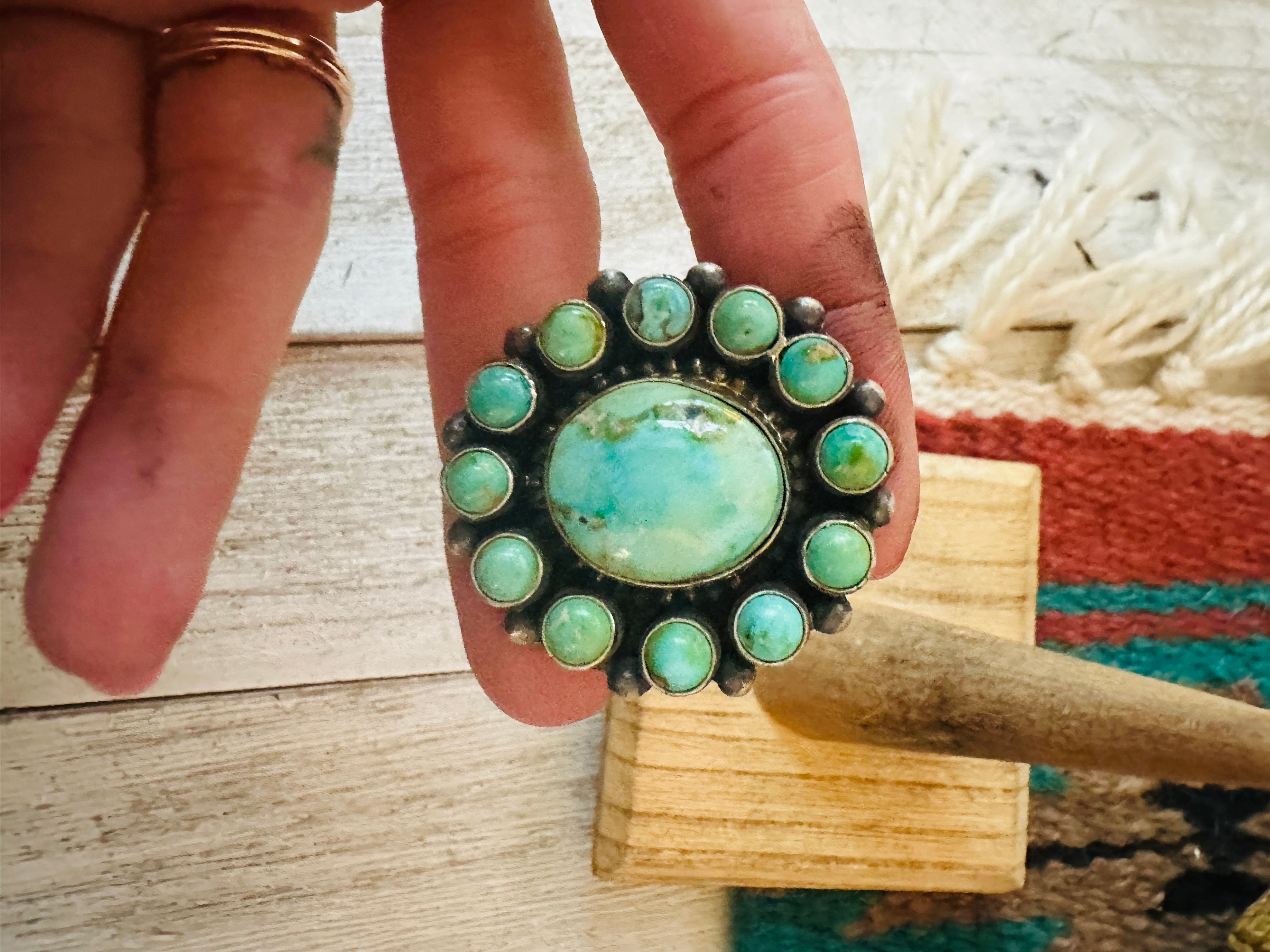 Navajo Turquoise & Sterling Silver Cluster Ring Size 8