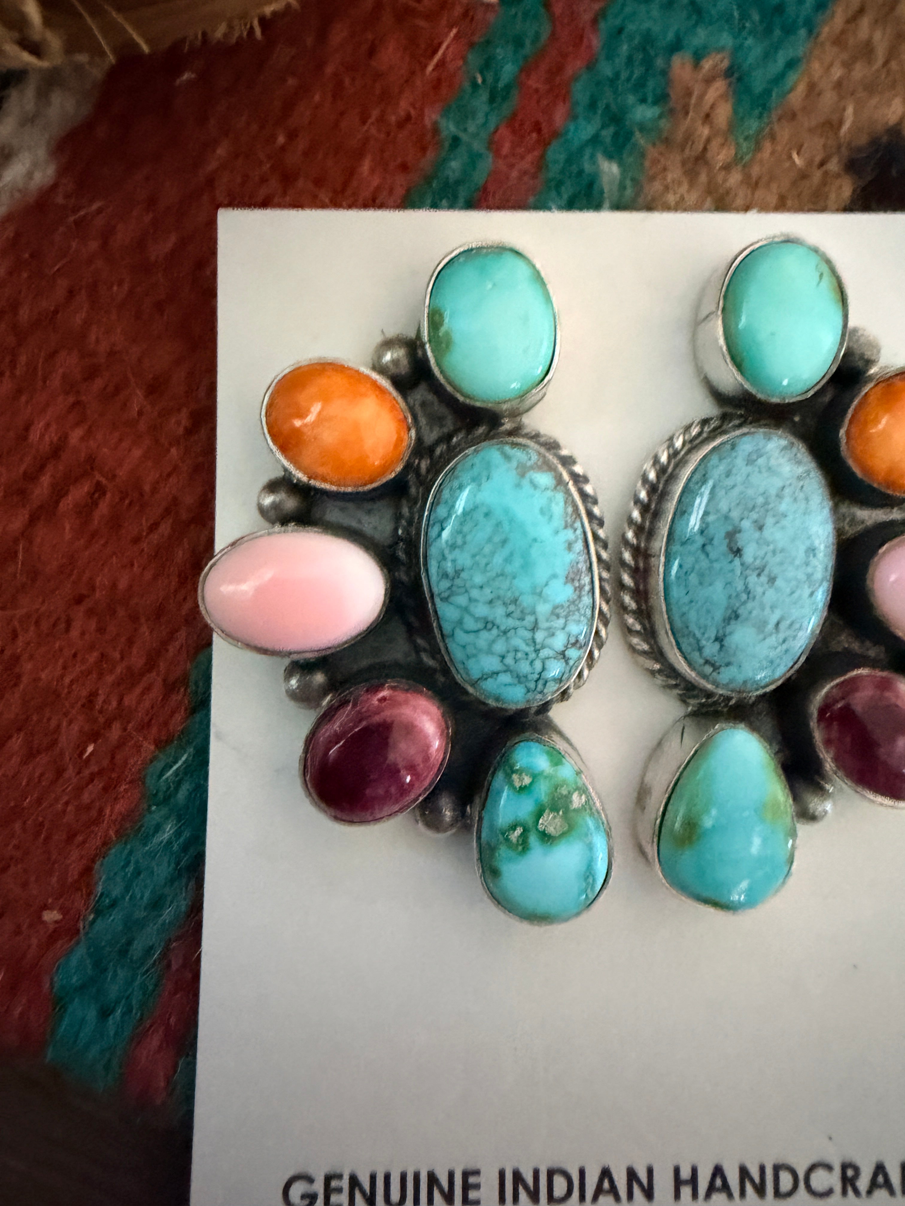 Handcrafted Turquoise, Spiny Oyster, Queen Pink Conch & Sterling Silver Post Earrings by Hiram Largo