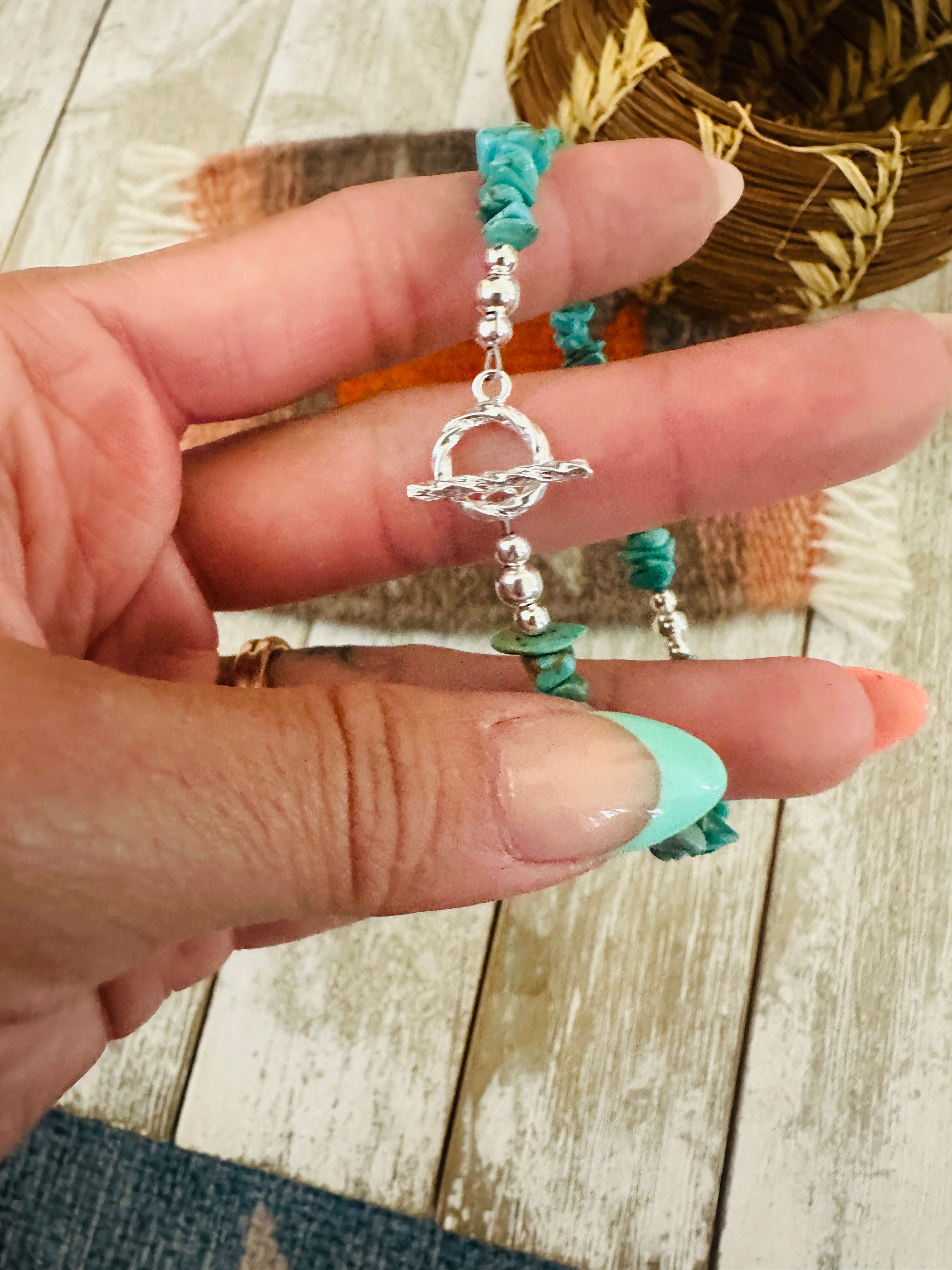 Handcrafted  Sterling Silver Pearl & Turquoise Beaded Bracelet