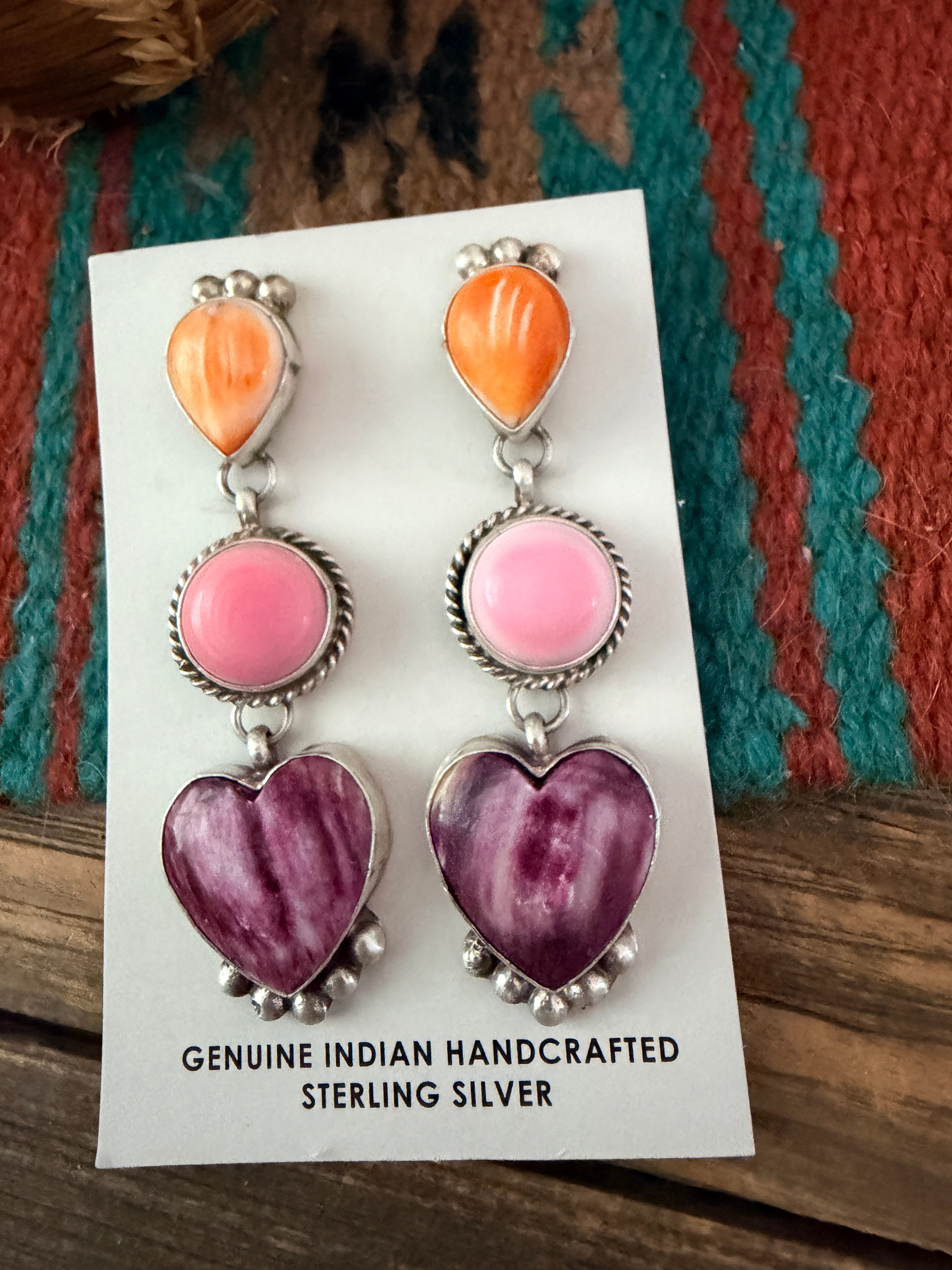 Handcrafted Sterling Silver, Spiny Oyster & Queen Pink Conch Heart Dangle Earrings by Vicky Hicks