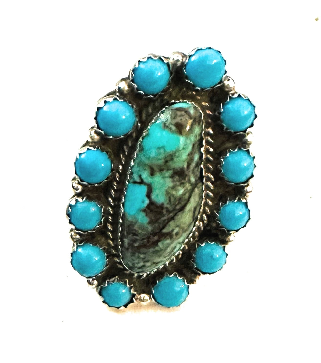 Navajo Sterling Silver And Turquoise Cluster Ring Size 9