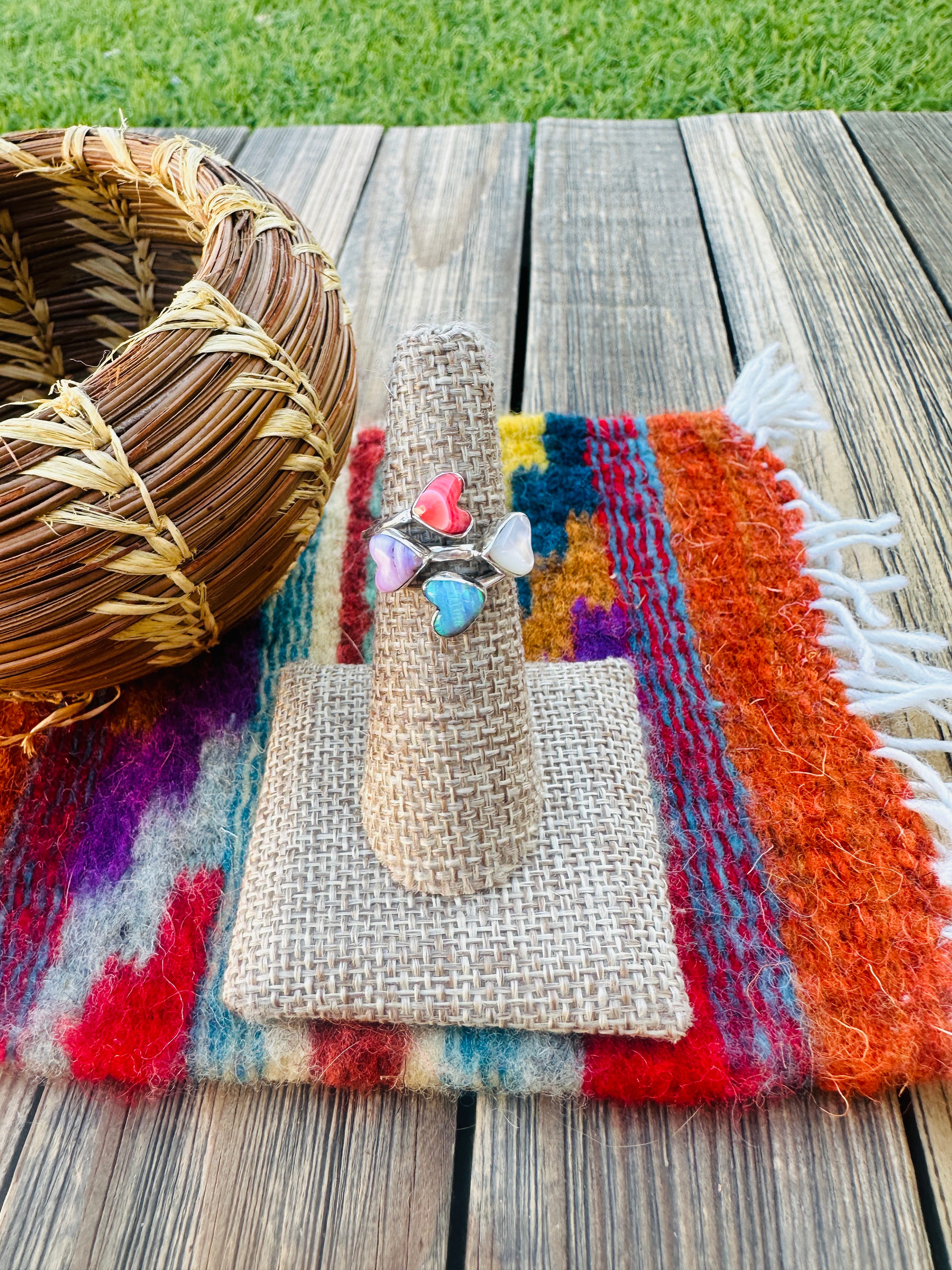 Handcrafted Multi Stone & Heart Ring Size 8