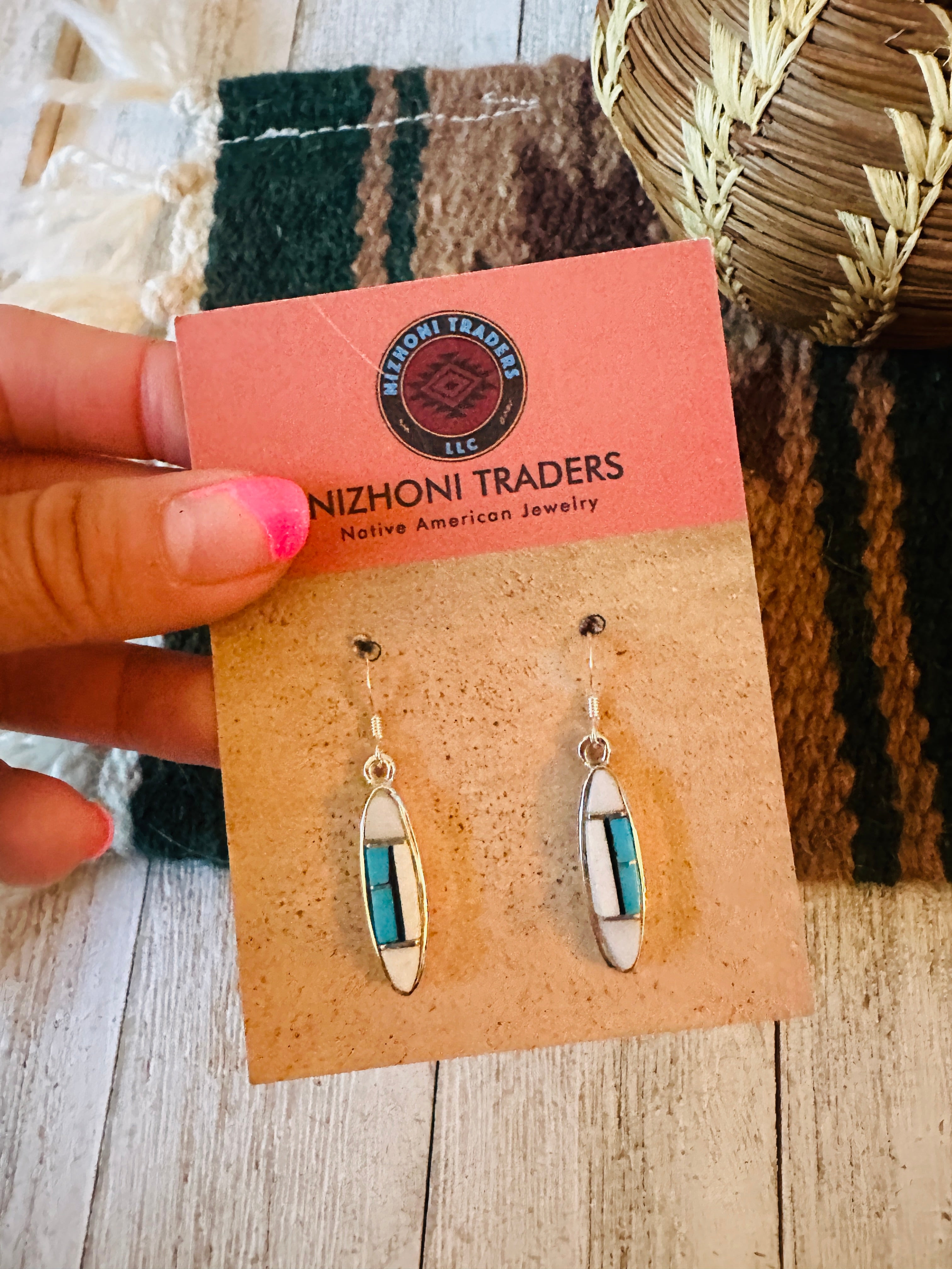 Navajo Sterling Silver & Multi Stone Inlay Dangle Earrings