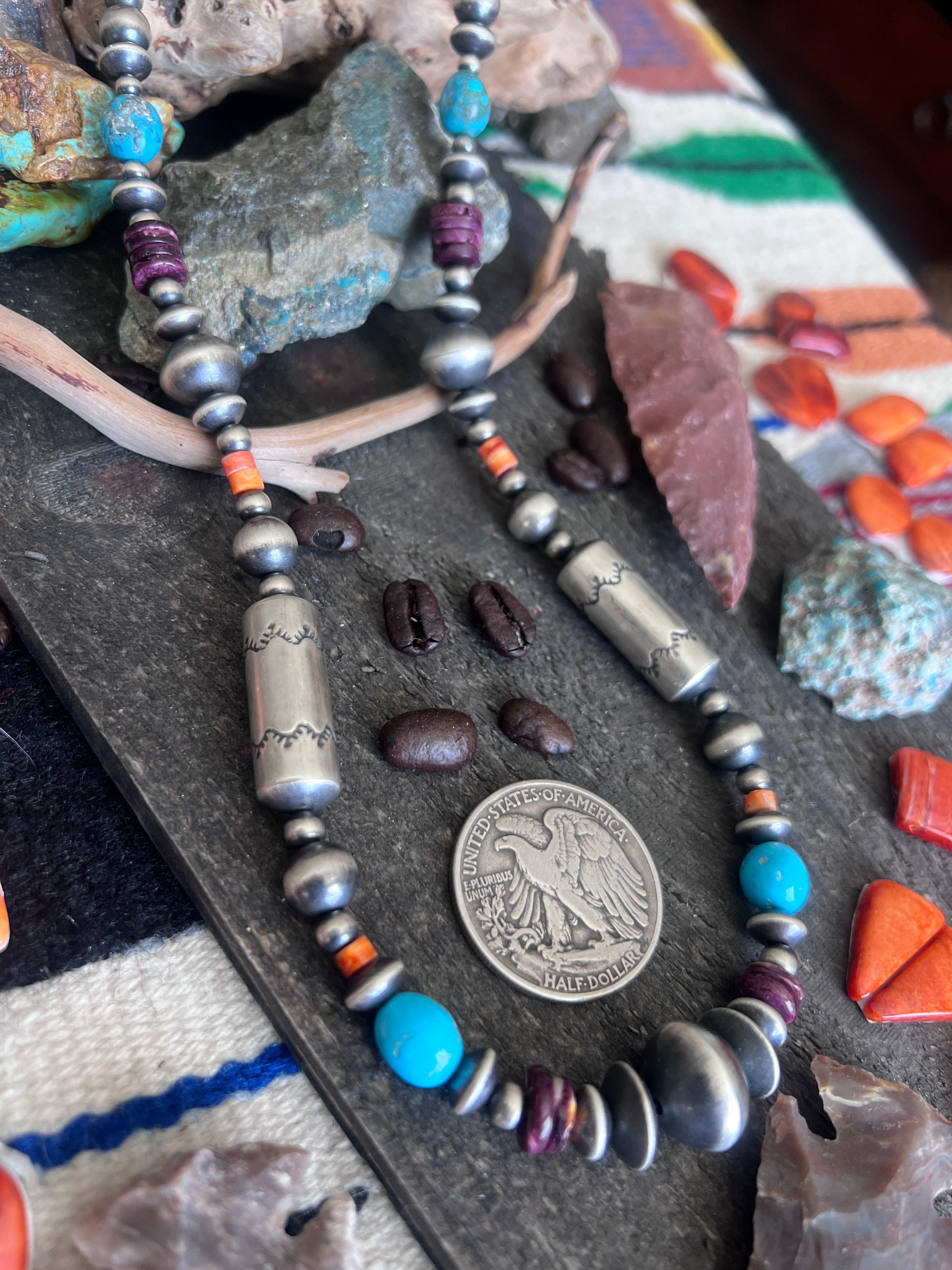 Rose Martin Electric Rainbow Sterling Silver, Turquoise and Spiny Oyster Single Strand Beaded Necklace, 24 + 1-1/2 inches