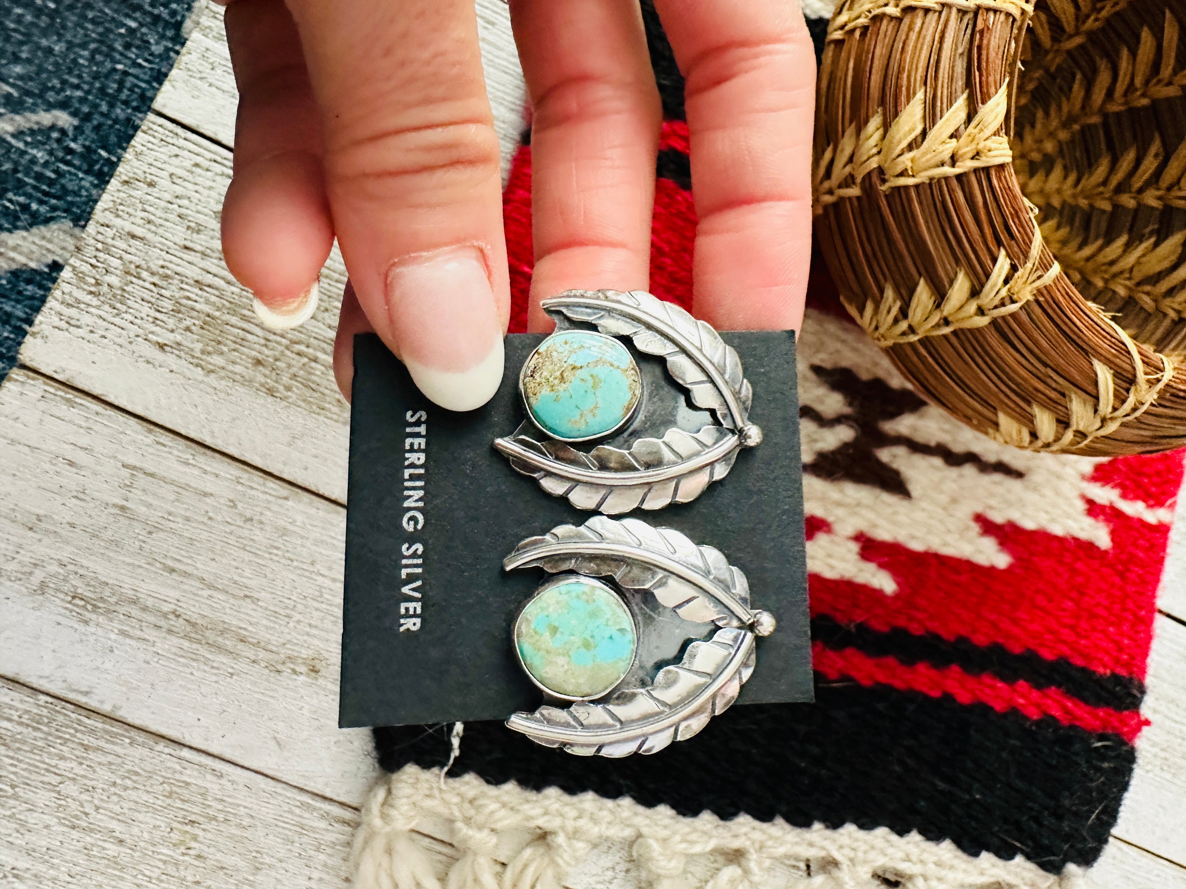 Navajo Number 8 Turquoise & Sterling Silver Leaf Post Earrings