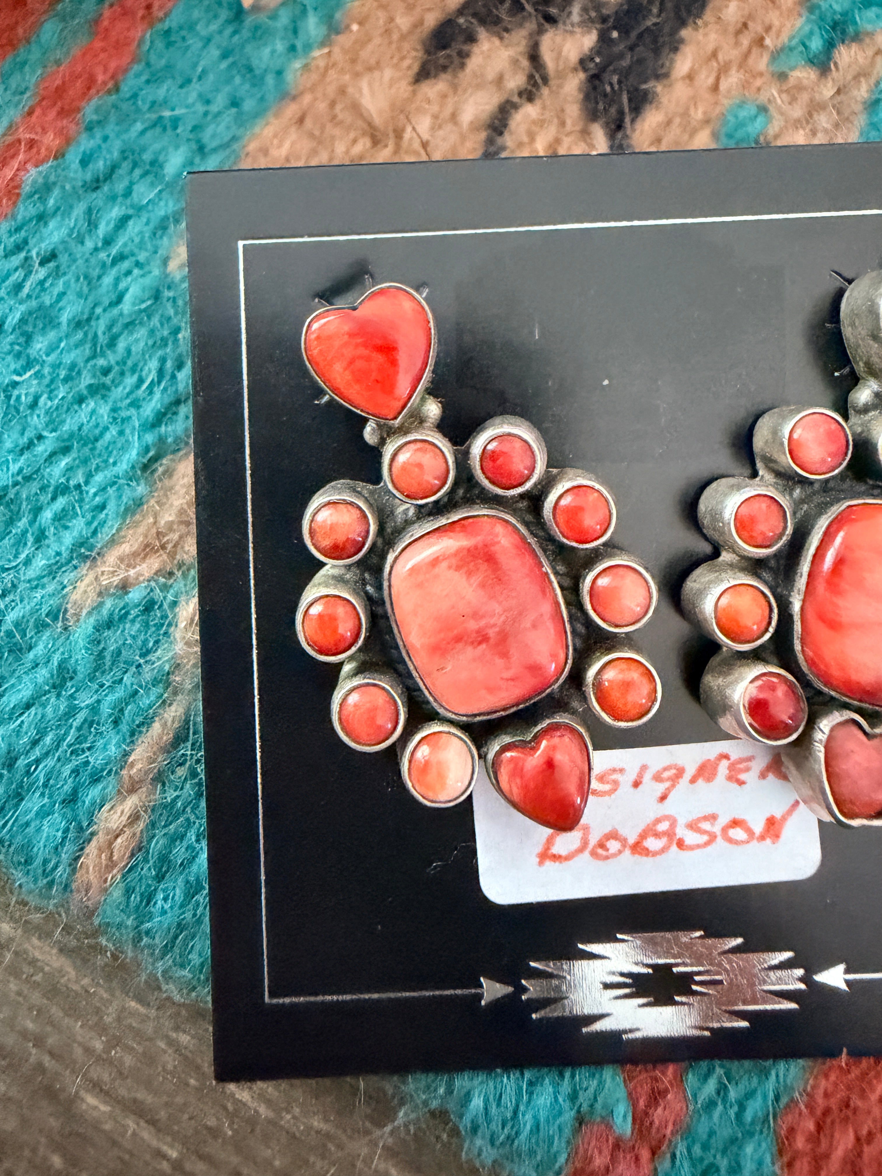Handmade Old Pawn Orange Spiny Oyster & Sterling Silver Heart Earrings by Dan Dodson