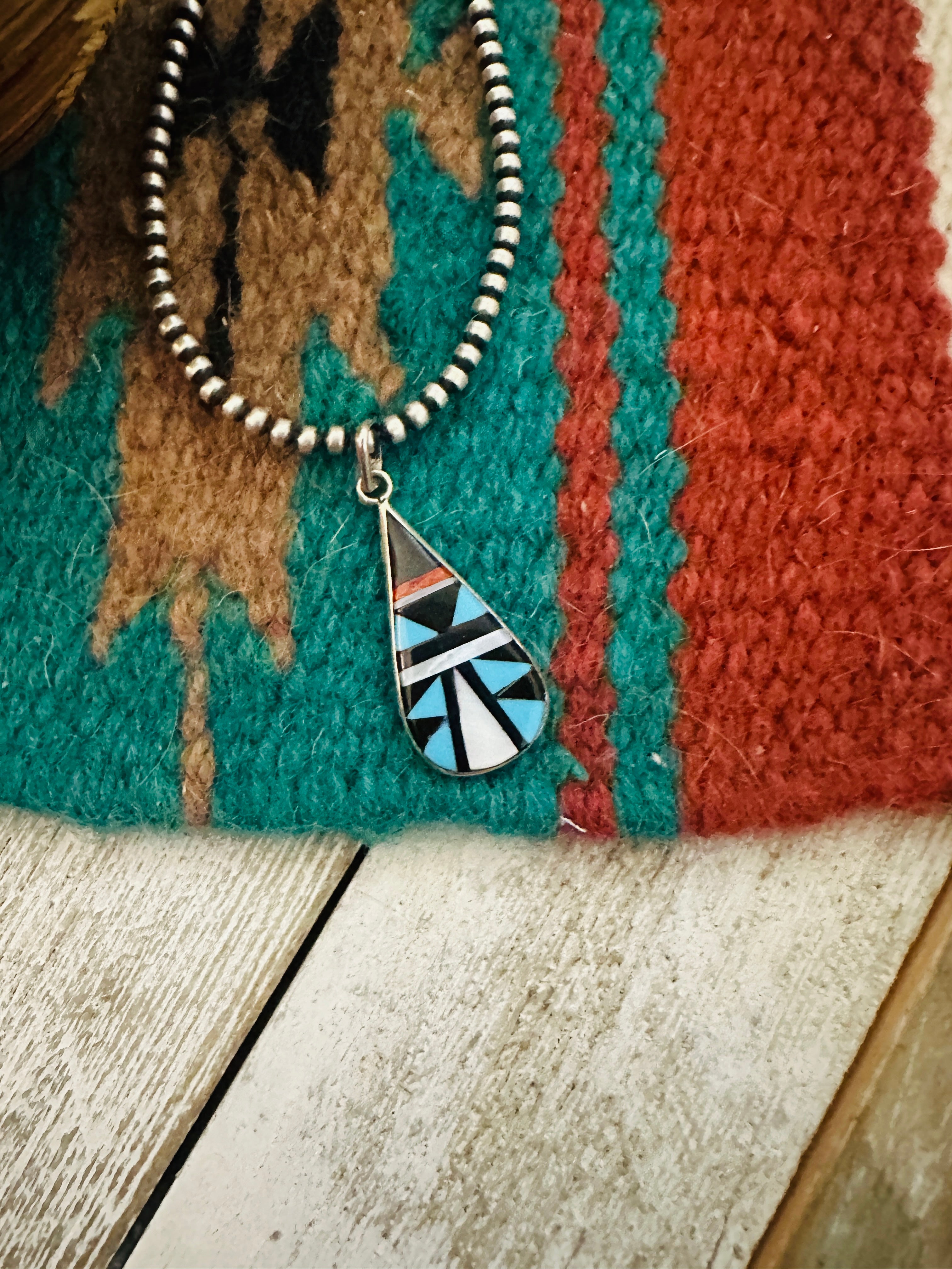 Zuni Multi Stone & Sterling Silver Inlay Teardrop Pendant