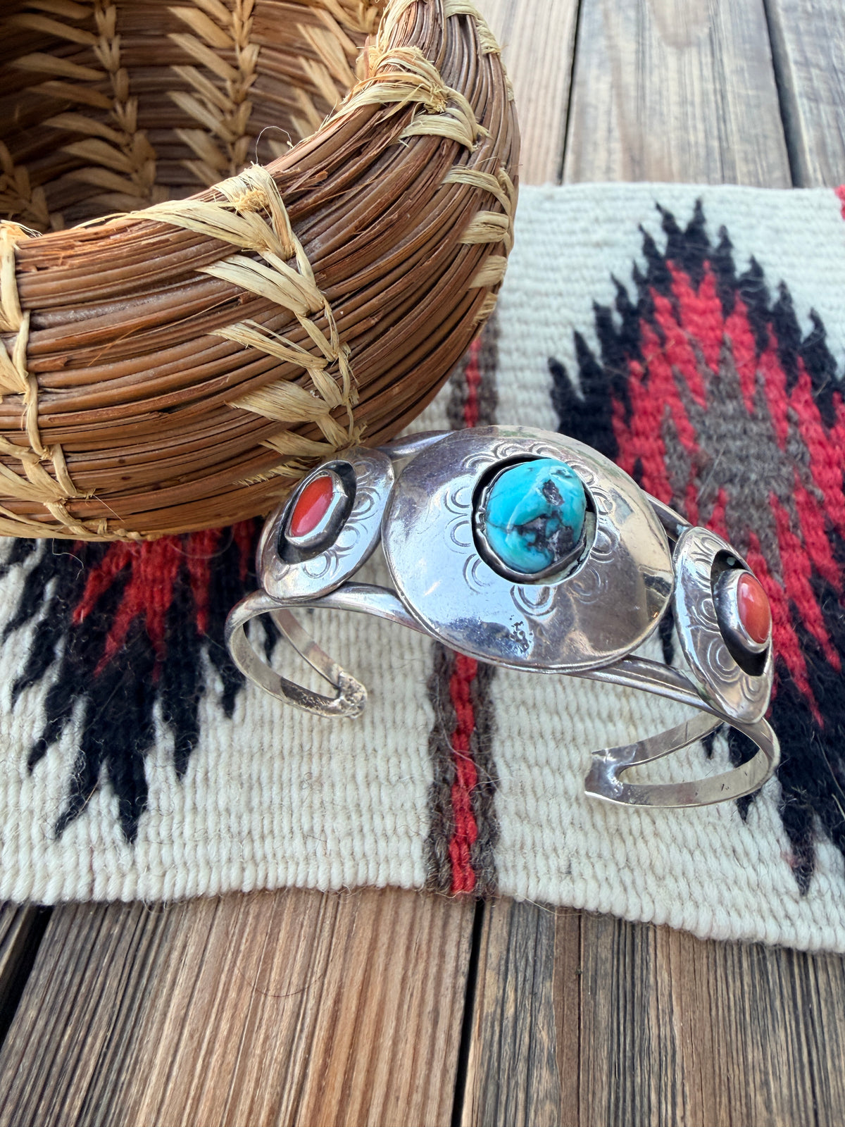 Handcrafted Old Pawn Sterling Silver, Turquoise & Coral Cuff Bracelet