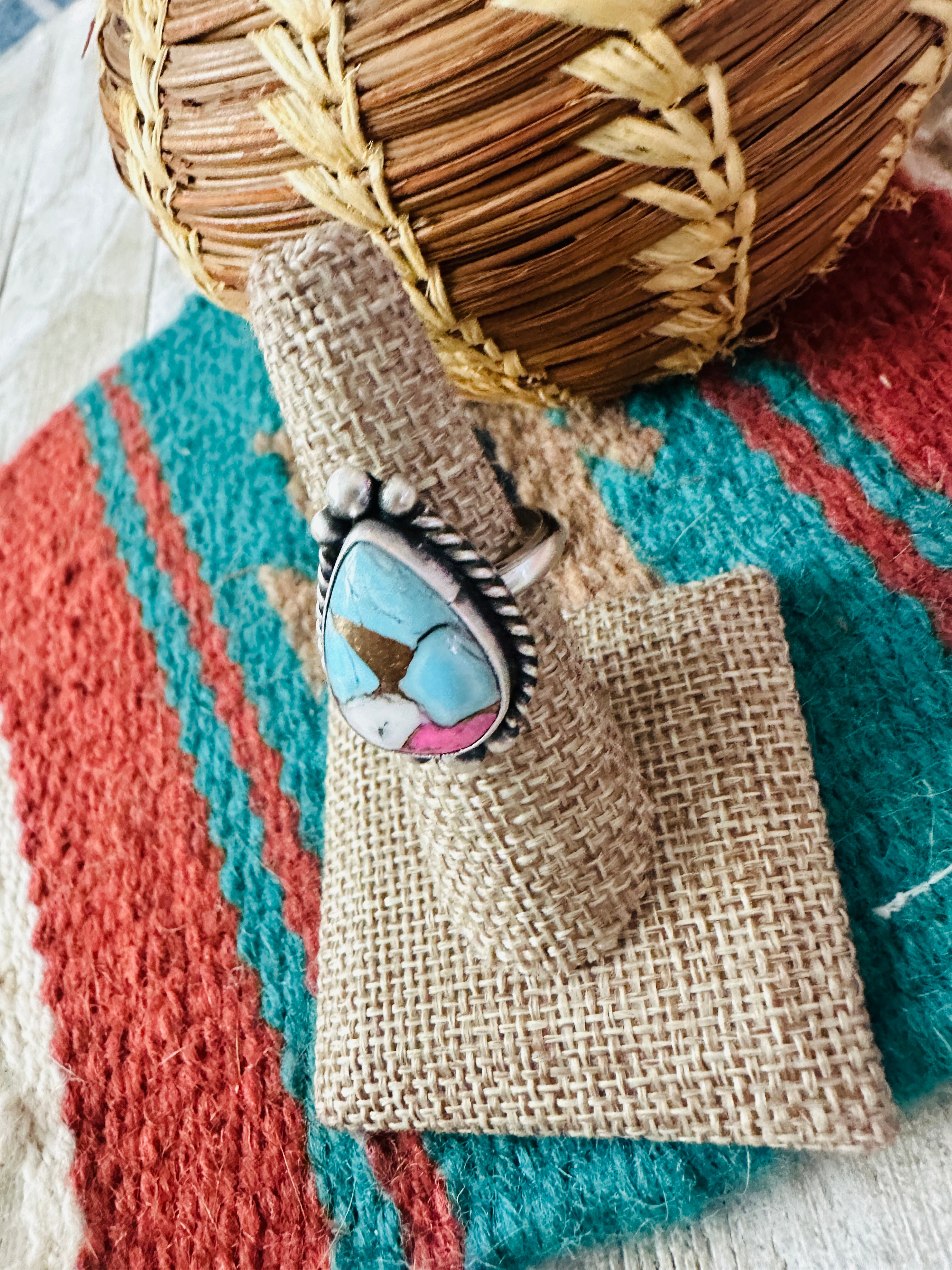 Handcrafted Sterling Silver & Cotton Candy Teardrop Adjustable Ring