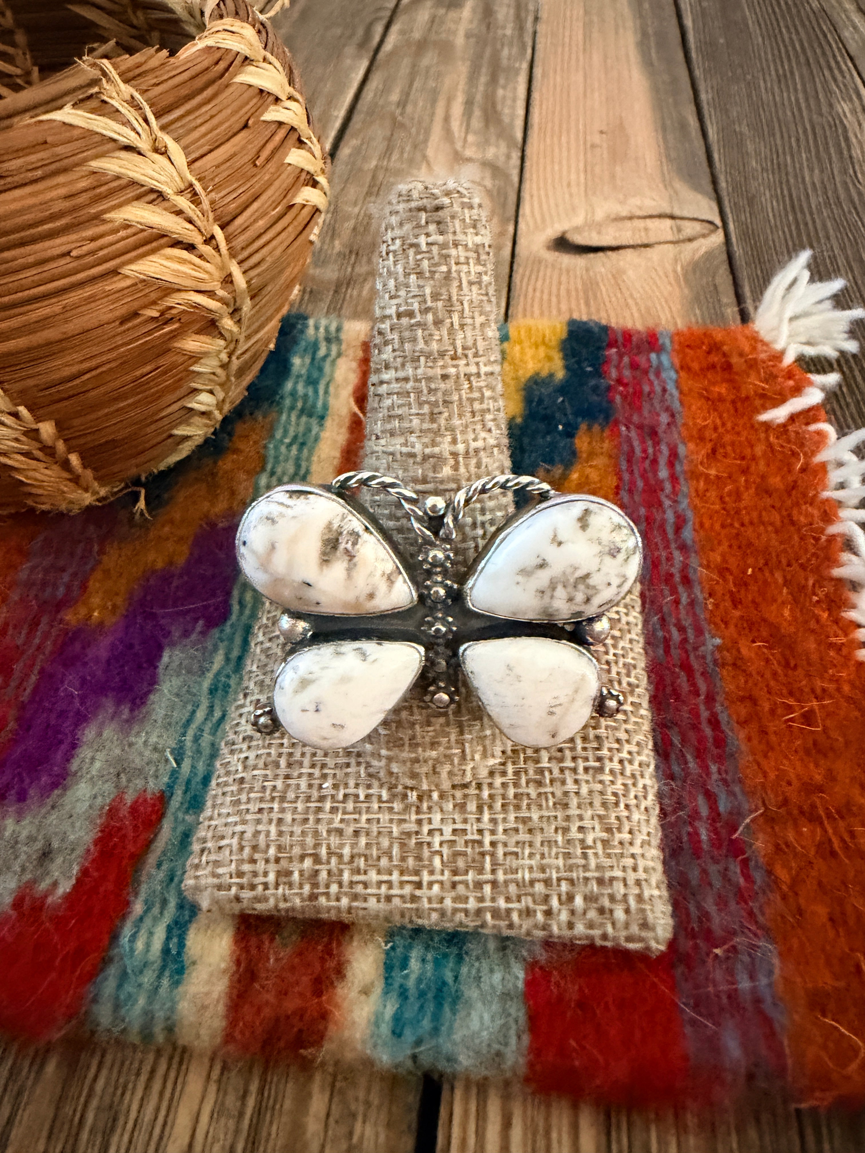 Handcrafted White Buffalo & Sterling Silver Adjustable Butterfly Ring