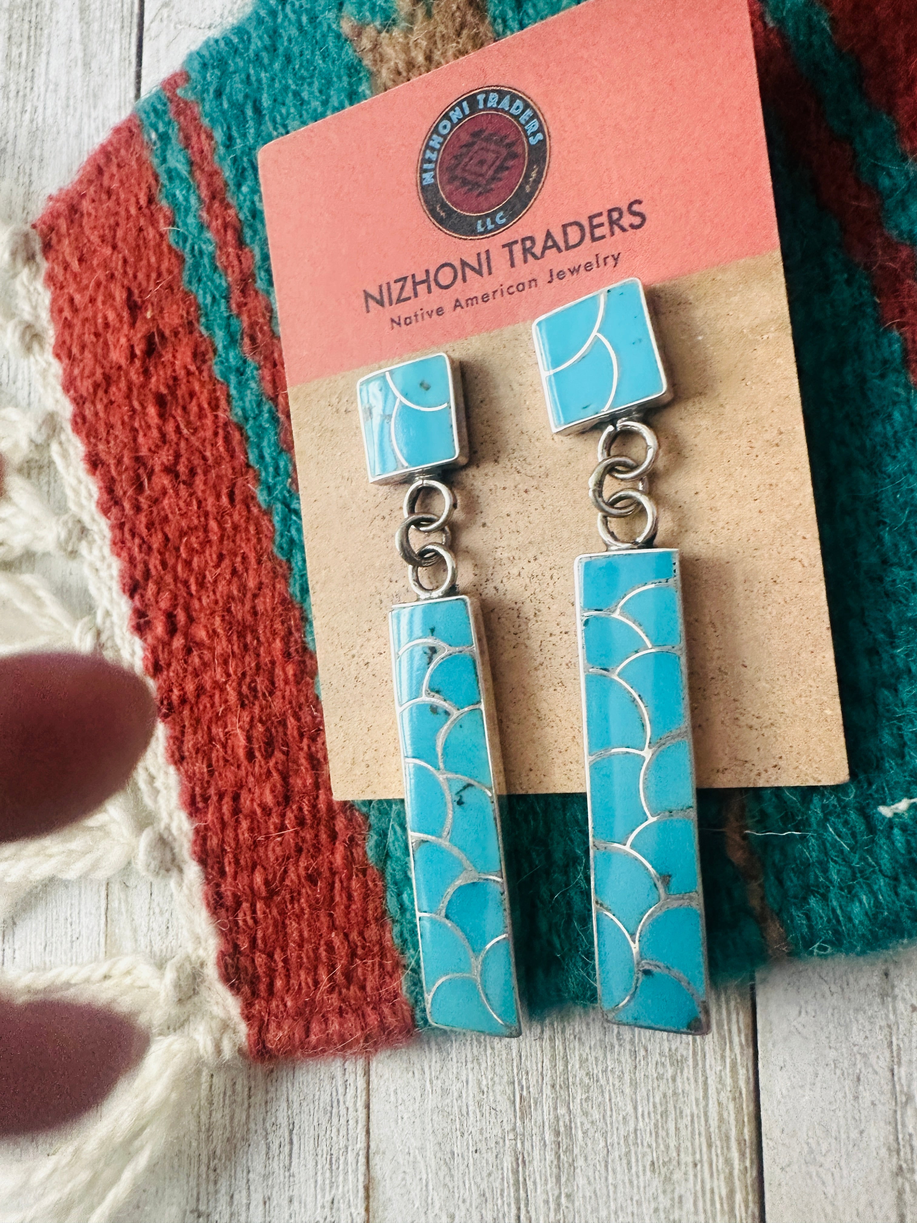 Zuni Sterling Silver & Turquoise Inlay Dangle Earrings