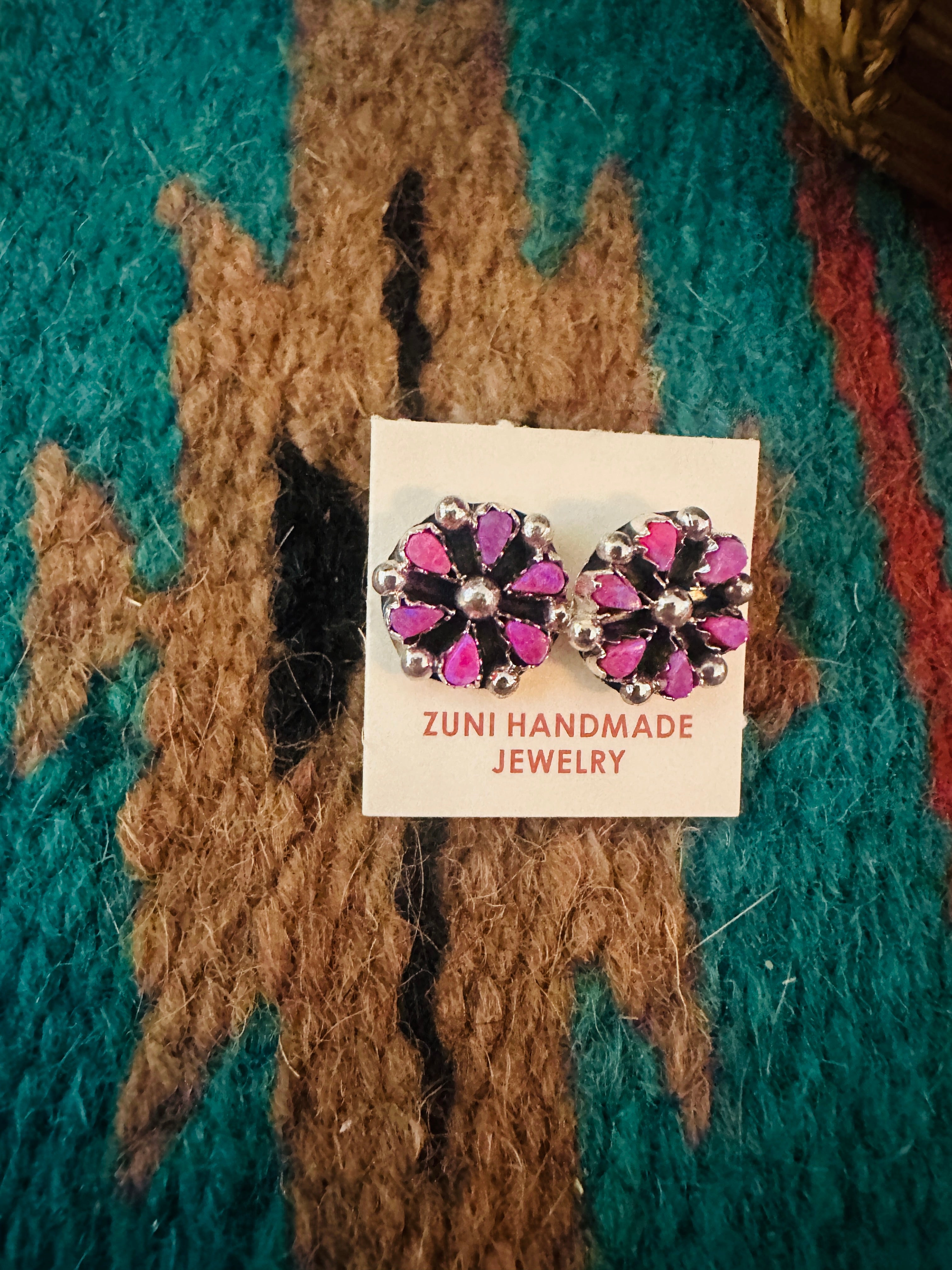 Zuni Pink Opal & Sterling Silver Flower Stud Earrings