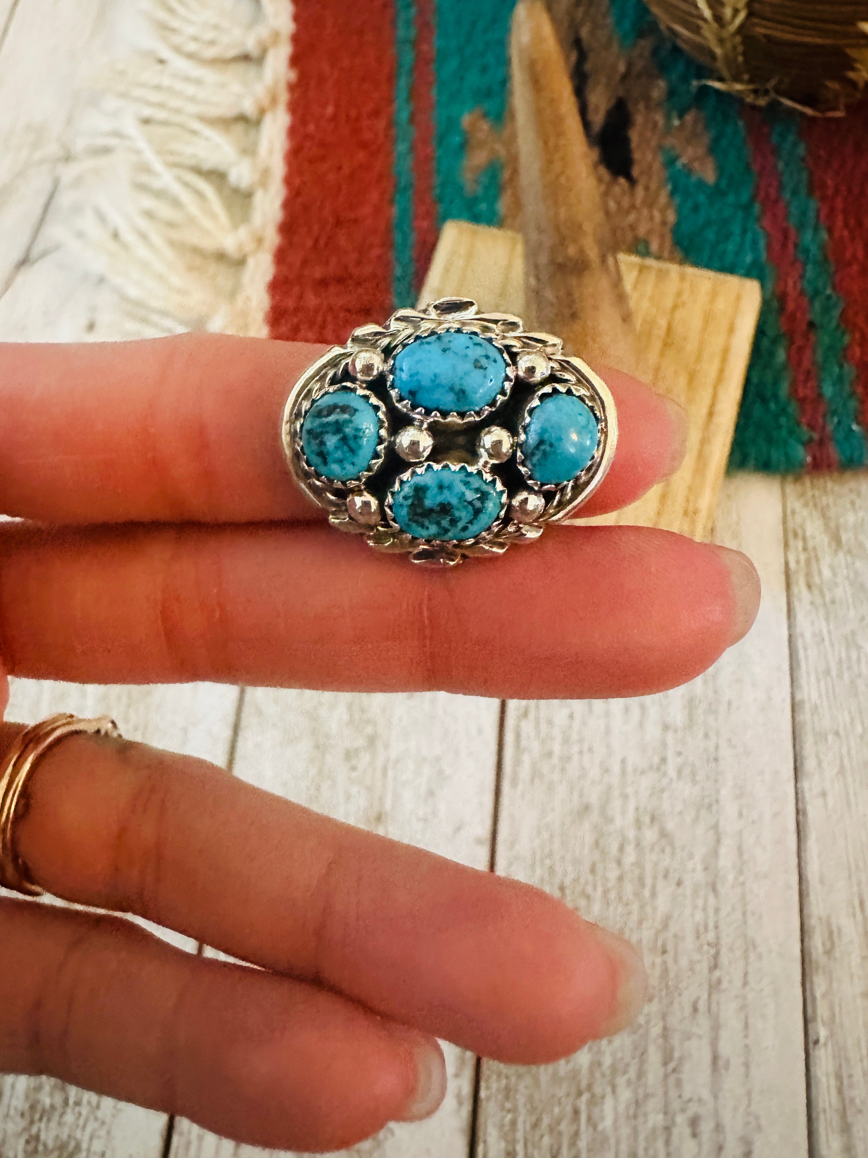 Handcrafted Turquoise & Sterling Silver Cluster Ring Size 7