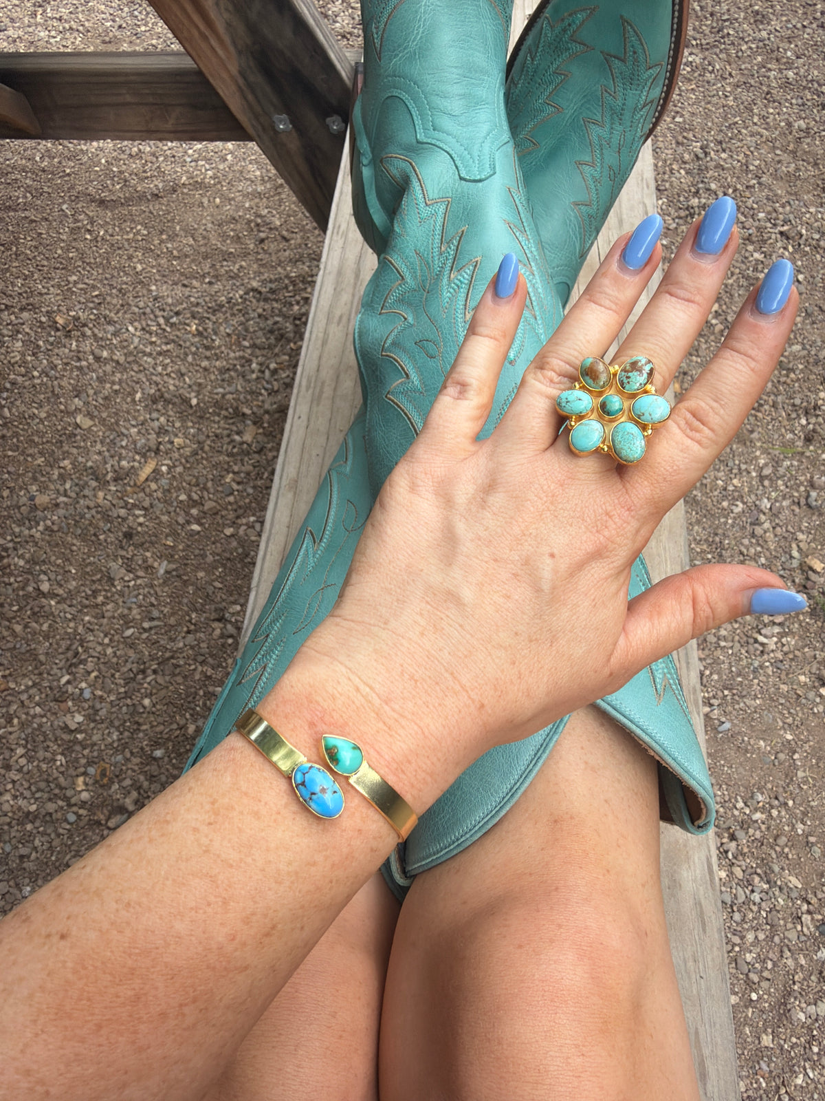 “The Golden Collection” Painted Desert Handmade Natural Sonoran Mountain Turquoise & Golden Hills Gold Plated Adjustable Bracelet Cuff STYLE 3