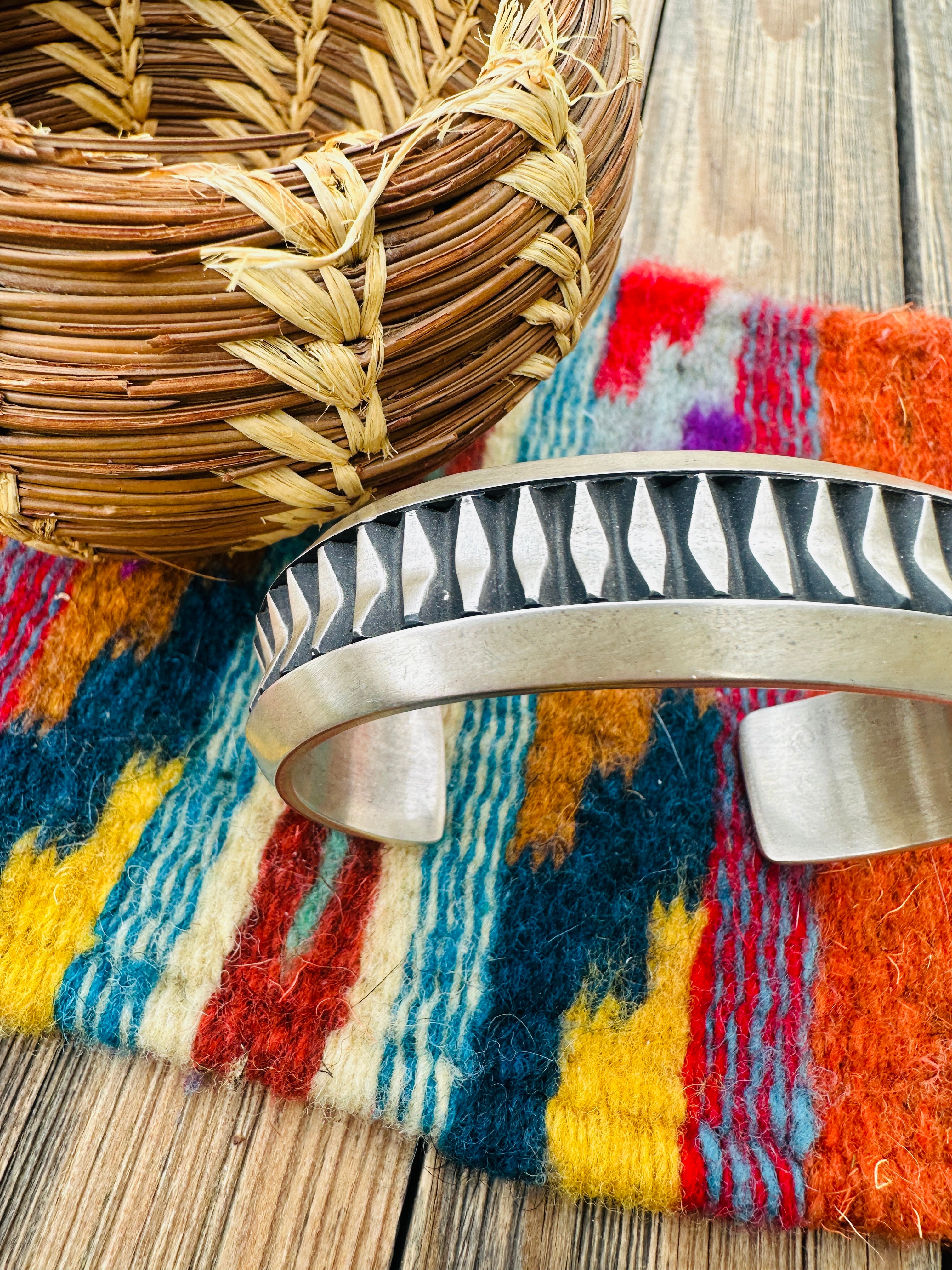 Hand Stamped Sterling Silver Cuff Bracelet by Leander Tahe